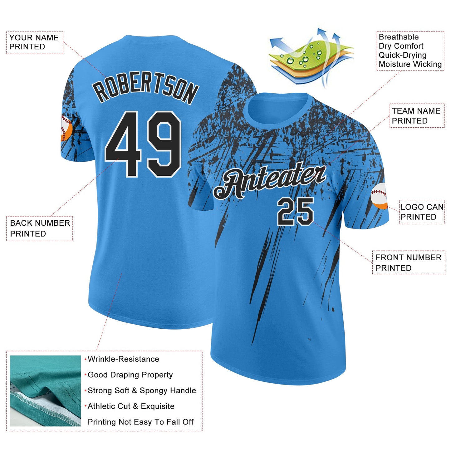 Custom Powder Blue Black-White Distressed Scratch Brush Stroke Performance T-Shirt view 2