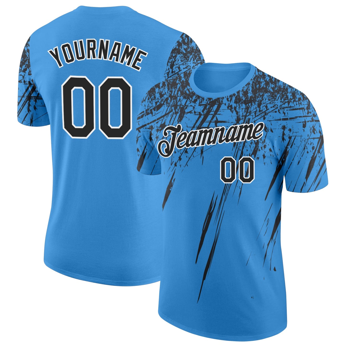 Custom Powder Blue Black-White Distressed Scratch Brush Stroke Performance T-Shirt - Main View