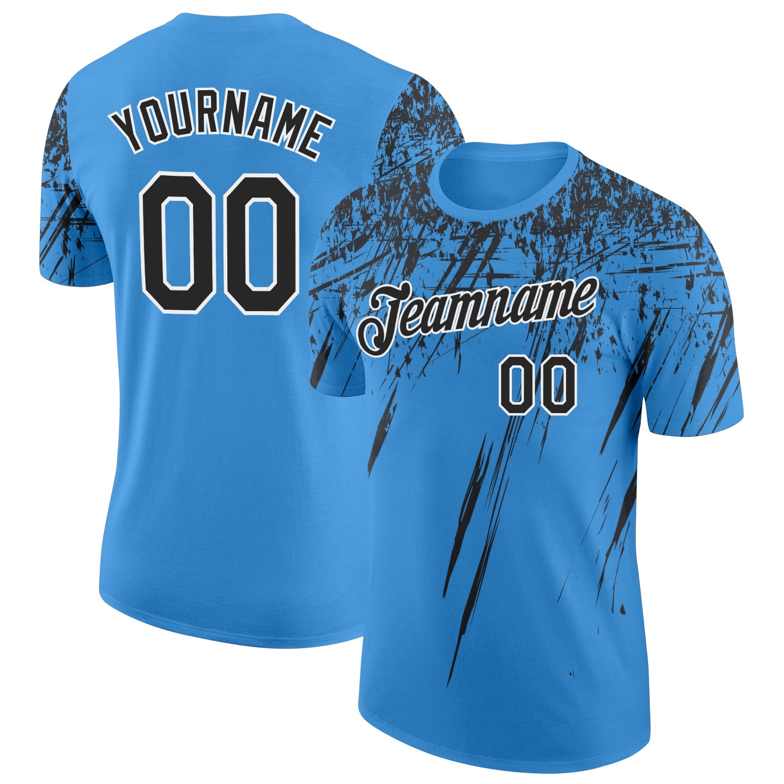 Custom Powder Blue Black-White Distressed Scratch Brush Stroke Performance T-Shirt - Main View