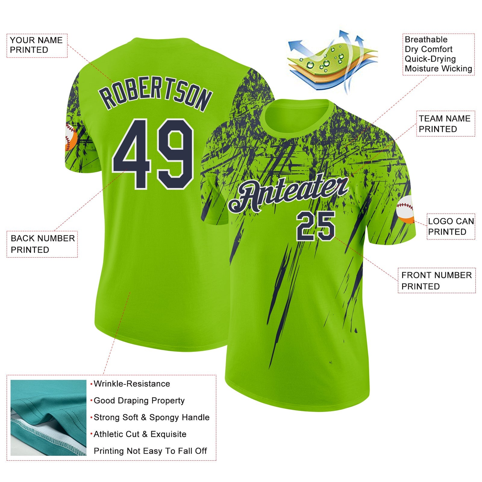 Custom Neon Green Navy-White Distressed Scratch Brush Stroke Performance T-Shirt view 2
