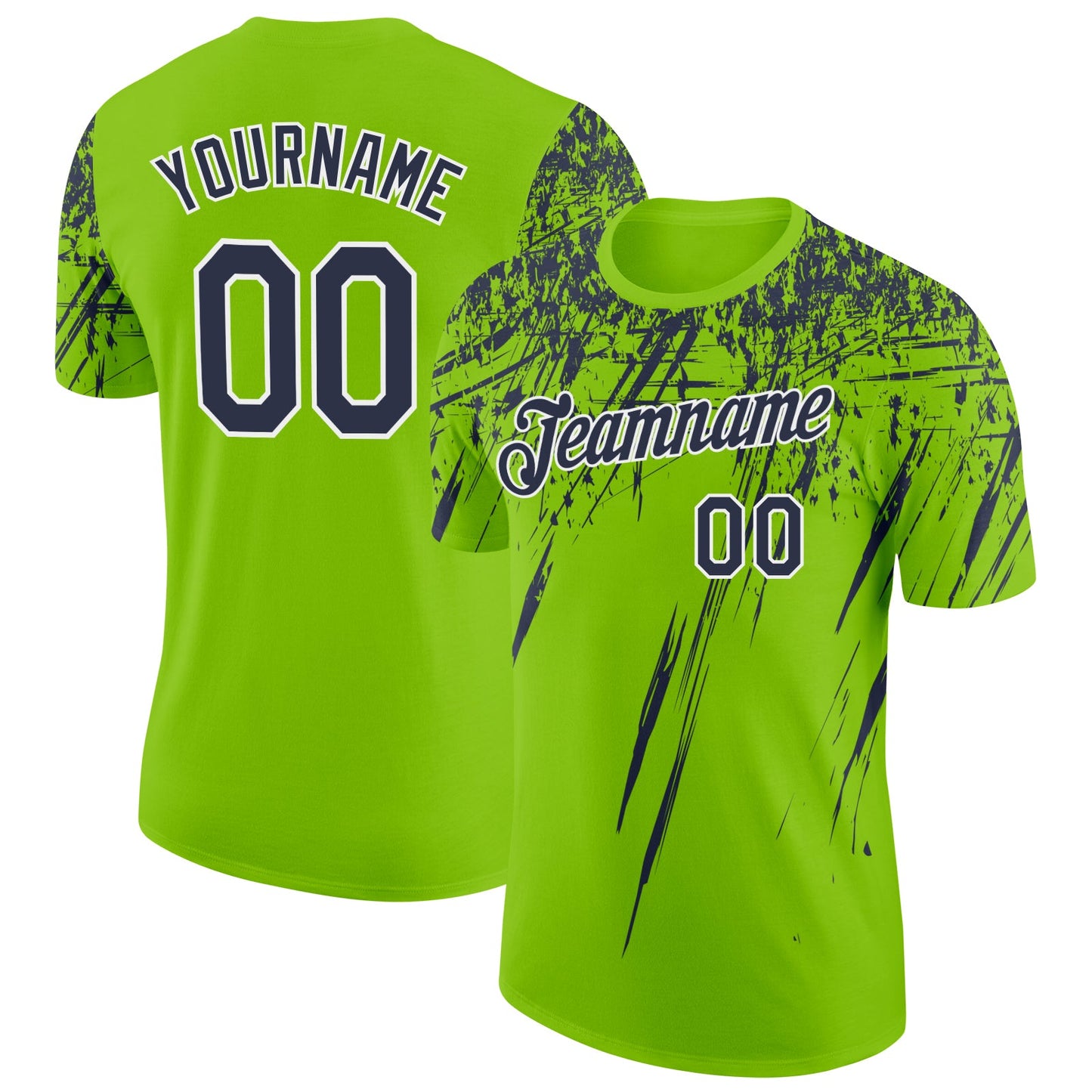 Custom Neon Green Navy-White Distressed Scratch Brush Stroke Performance T-Shirt - Main View