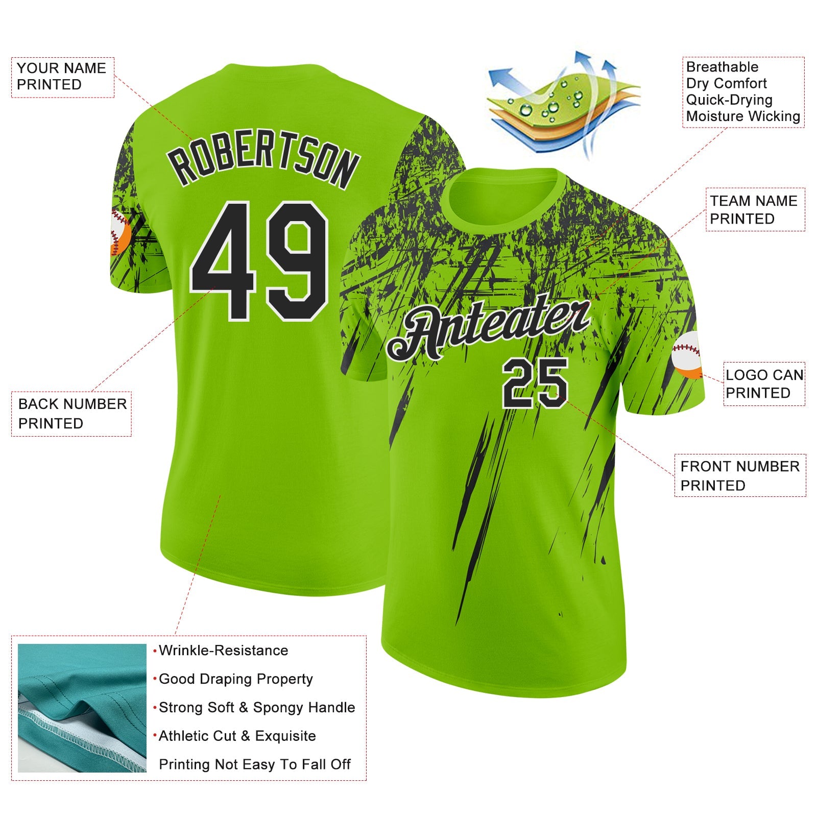 Custom Neon Green Black-White Distressed Scratch Brush Stroke Performance T-Shirt view 2