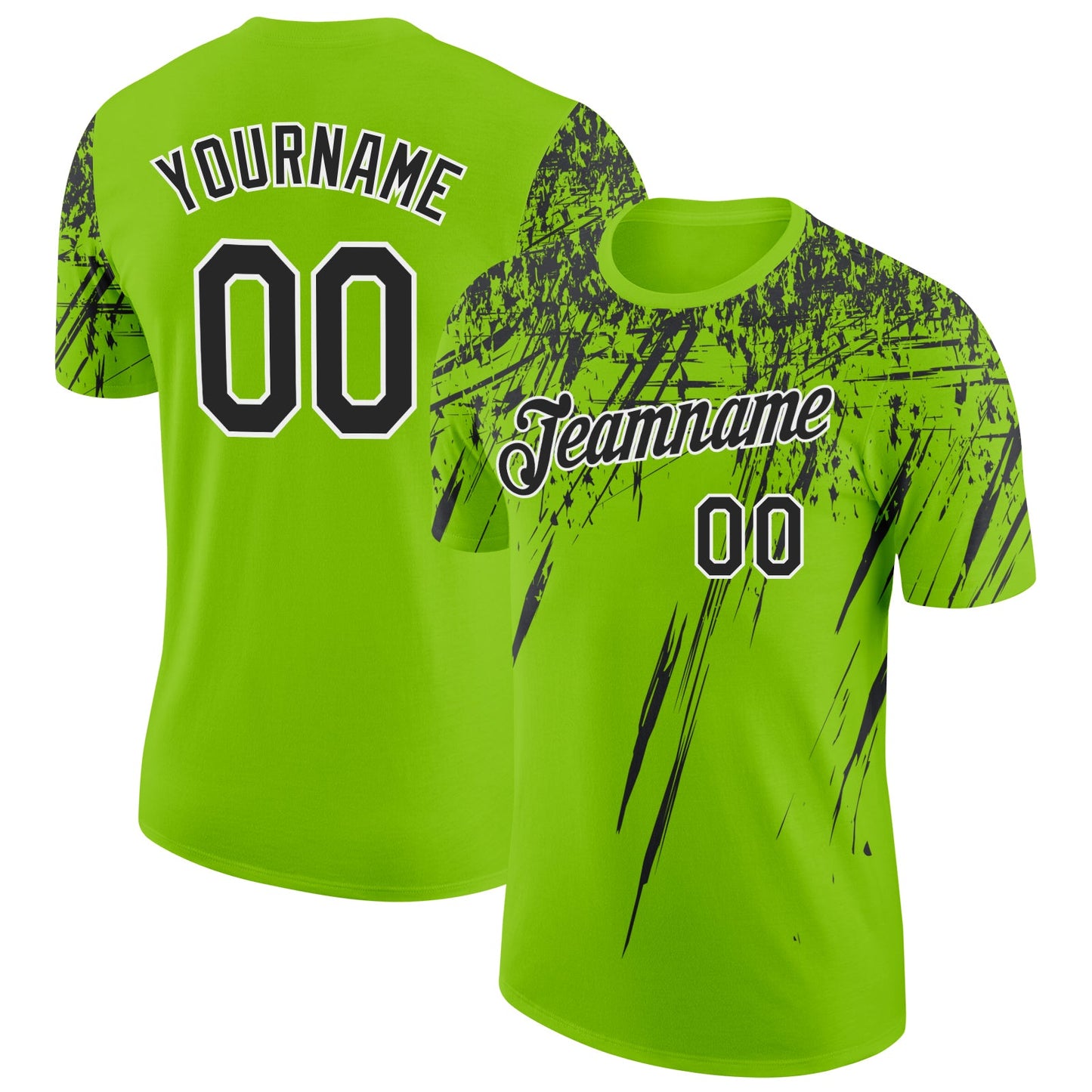 Custom Neon Green Black-White Distressed Scratch Brush Stroke Performance T-Shirt - Main View