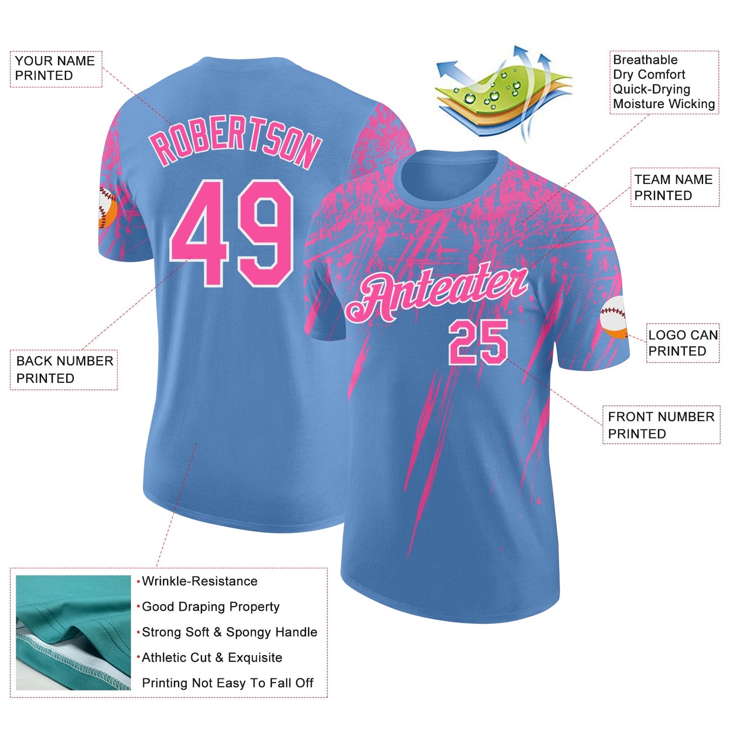 Custom Light Blue Pink-White Distressed Scratch Brush Stroke Performance T-Shirt view 2