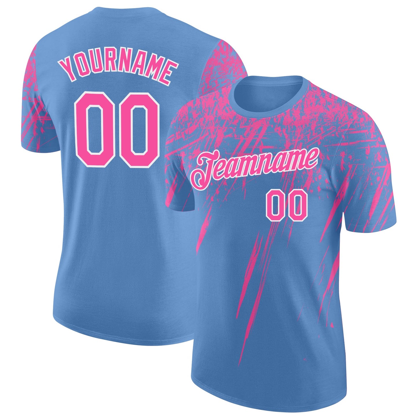 Custom Light Blue Pink-White Distressed Scratch Brush Stroke Performance T-Shirt - Main View