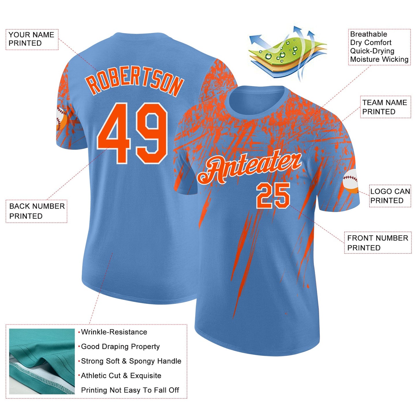 Custom Light Blue Orange-White Distressed Scratch Brush Stroke Performance T-Shirt view 2