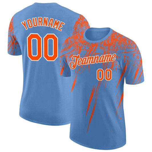 Custom Light Blue Orange-White Distressed Scratch Brush Stroke Performance T-Shirt - Main View
