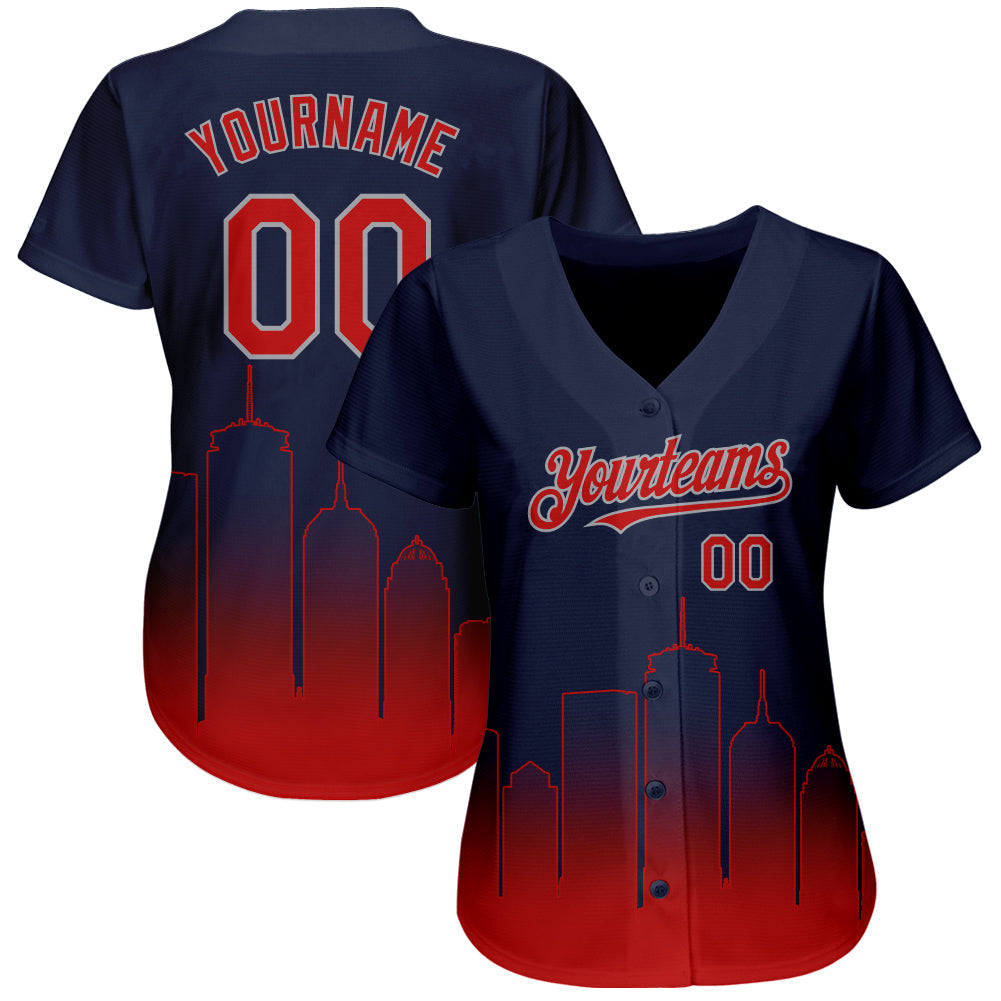 Custom Navy Red-Gray 3D Boston City Edition Fade Fashion Authentic Baseball Jersey view 2