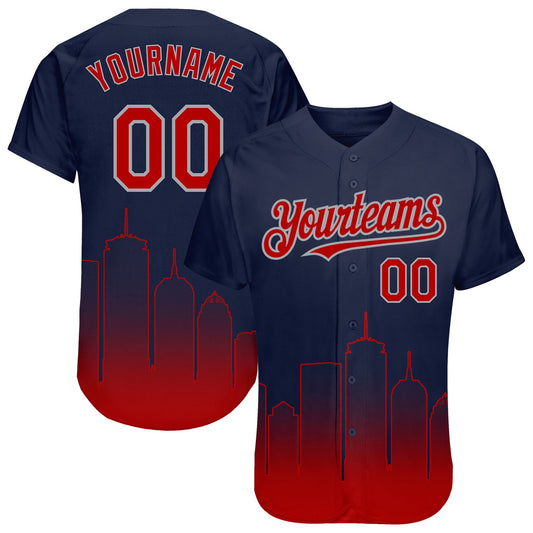 Custom Navy Red-Gray 3D Boston City Edition Fade Fashion Authentic Baseball Jersey - Main View