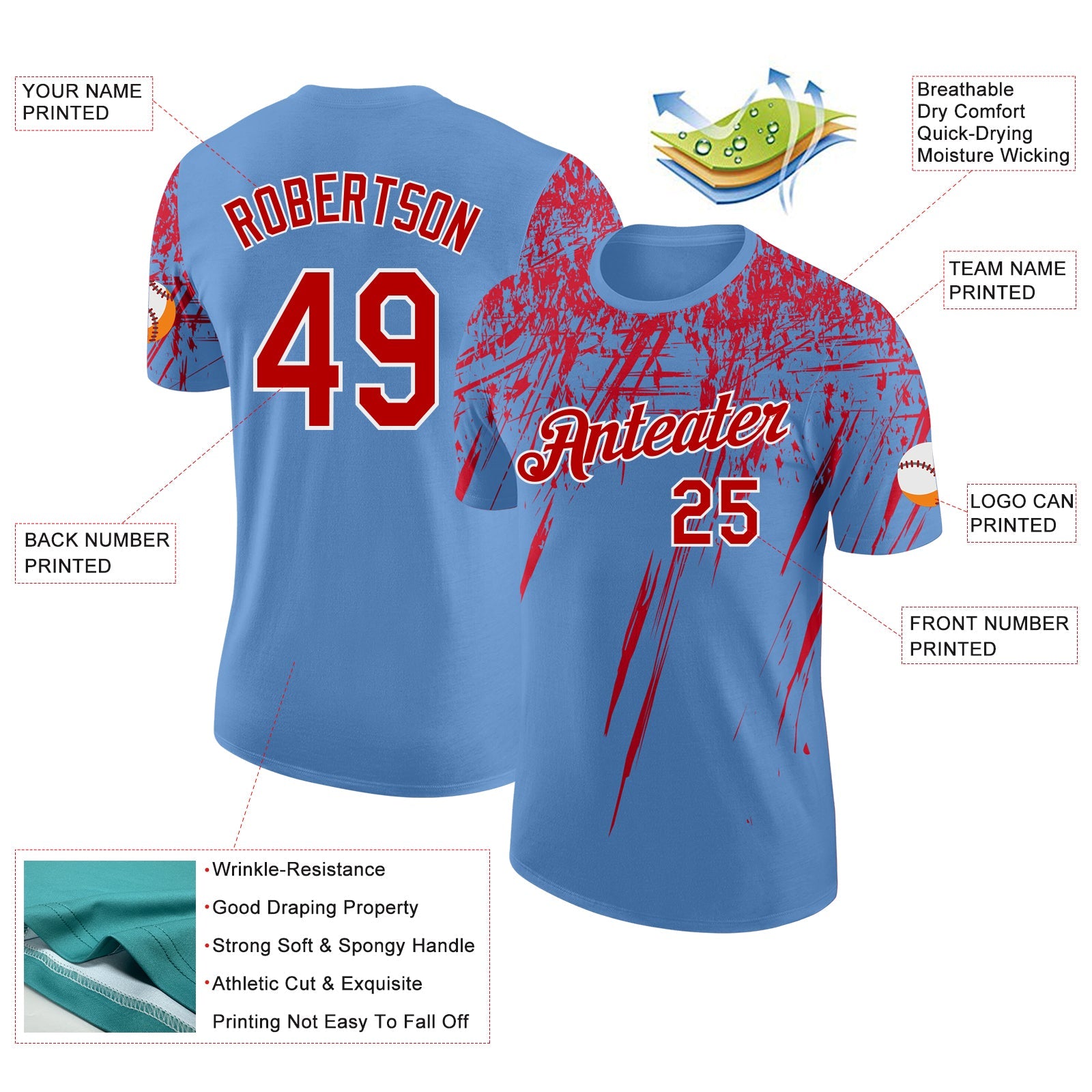 Custom Light Blue Red-White Distressed Scratch Brush Stroke Performance T-Shirt view 2