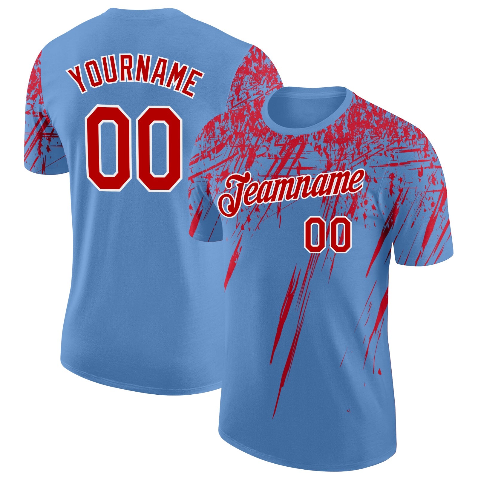 Custom Light Blue Red-White Distressed Scratch Brush Stroke Performance T-Shirt - Main View