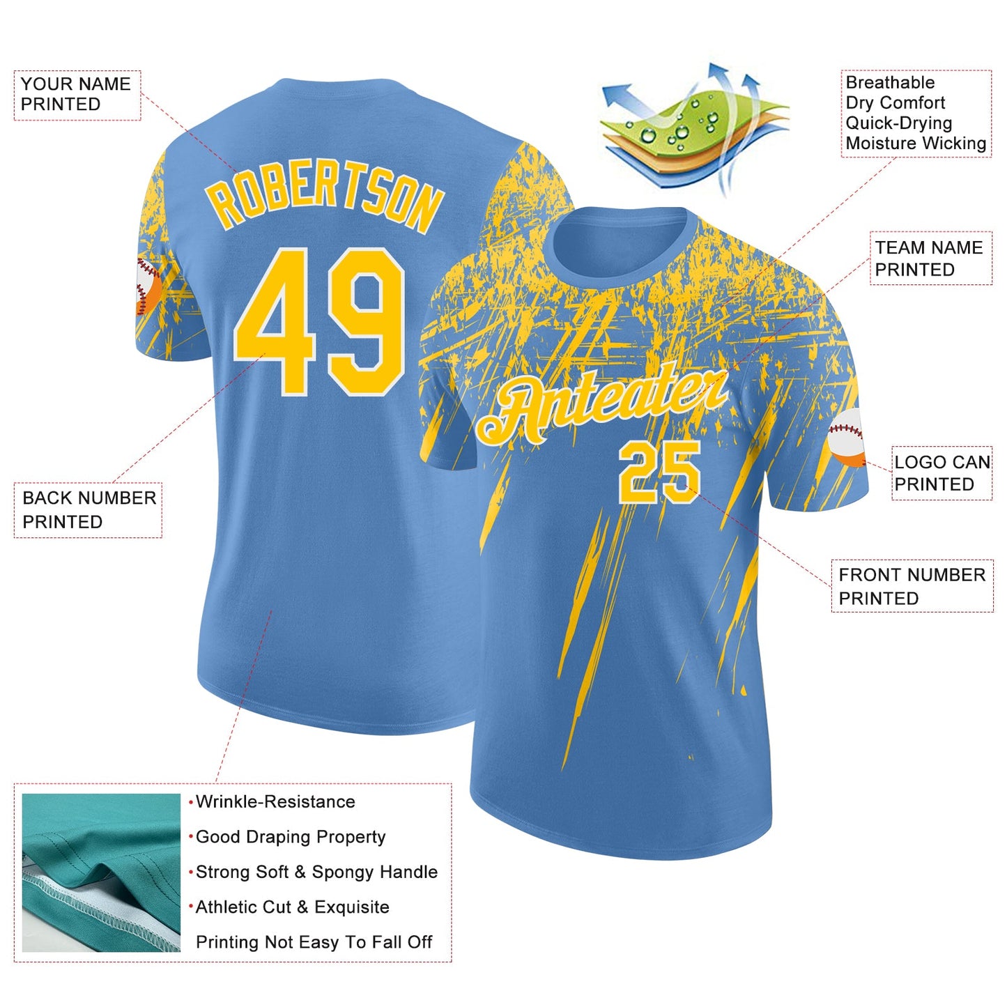 Custom Light Blue Yellow-White Distressed Scratch Brush Stroke Performance T-Shirt view 2
