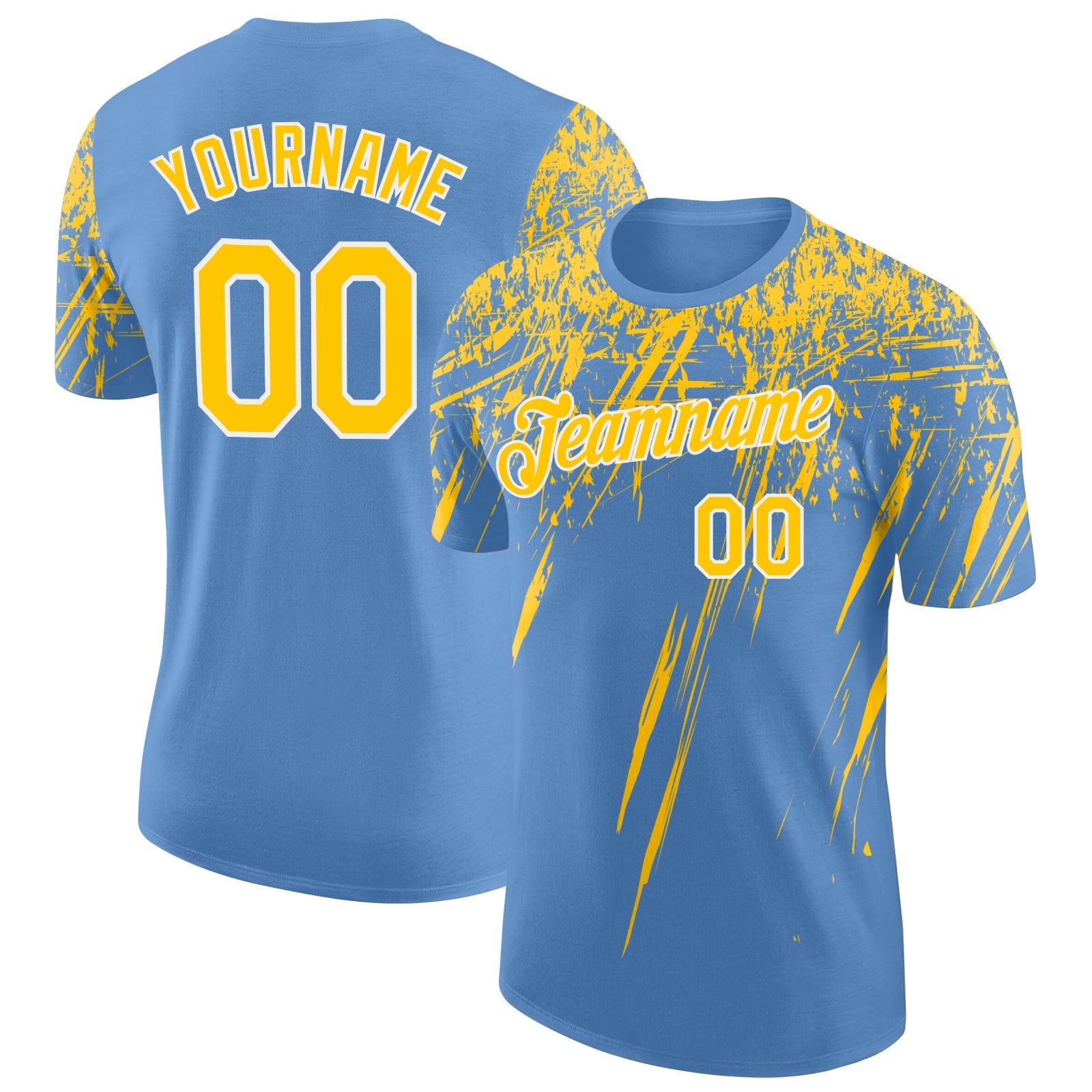 Custom Light Blue Yellow-White Distressed Scratch Brush Stroke Performance T-Shirt - Main View