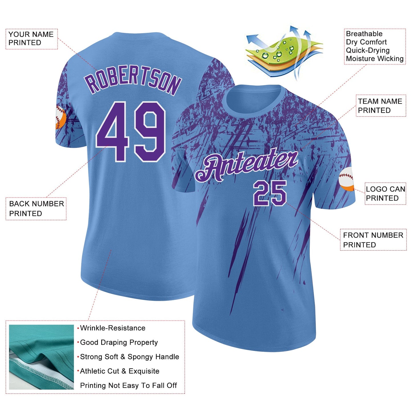 Custom Light Blue Purple-White Distressed Scratch Brush Stroke Performance T-Shirt view 2