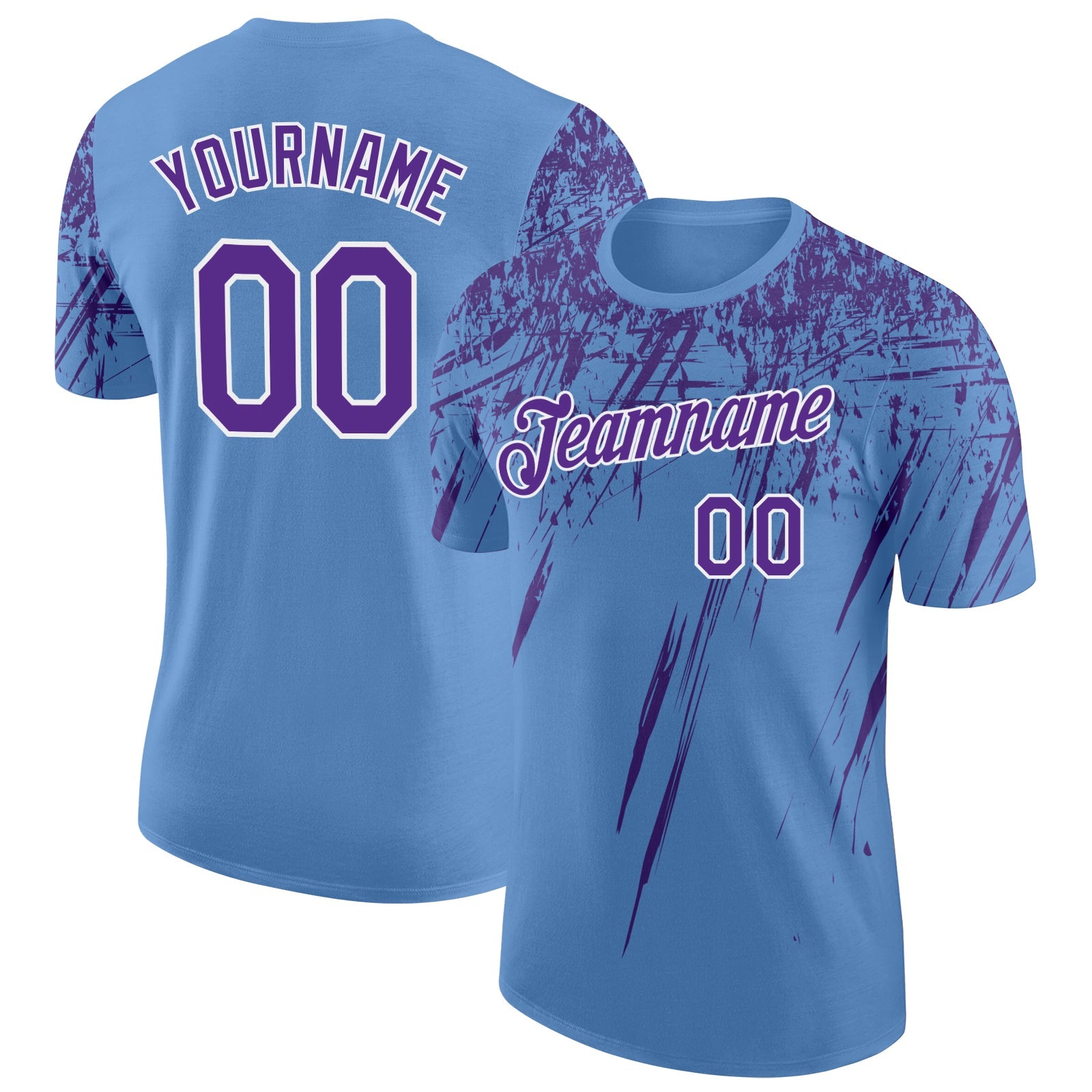 Custom Light Blue Purple-White Distressed Scratch Brush Stroke Performance T-Shirt - Main View