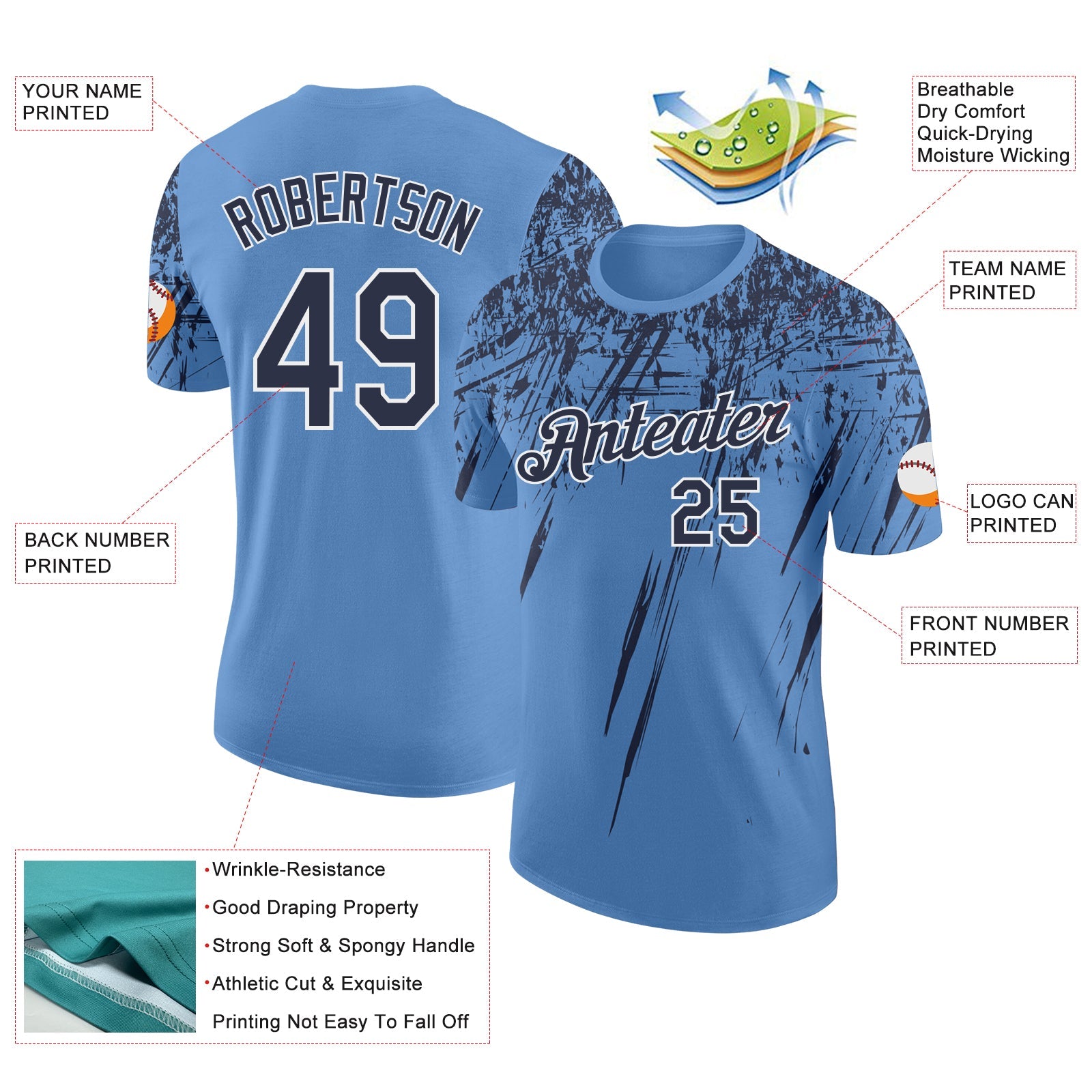 Custom Light Blue Navy-White Distressed Scratch Brush Stroke Performance T-Shirt view 2