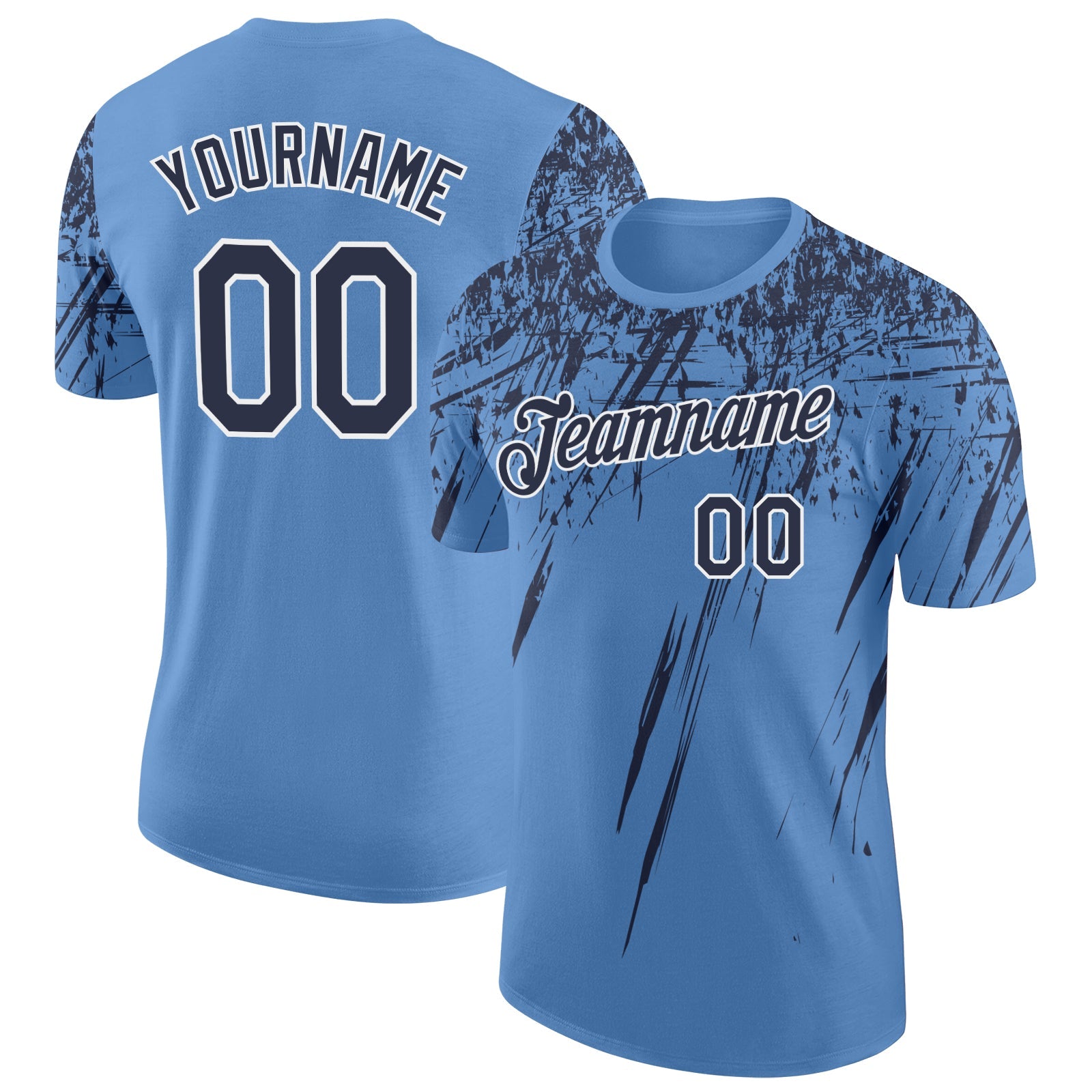 Custom Light Blue Navy-White Distressed Scratch Brush Stroke Performance T-Shirt - Main View