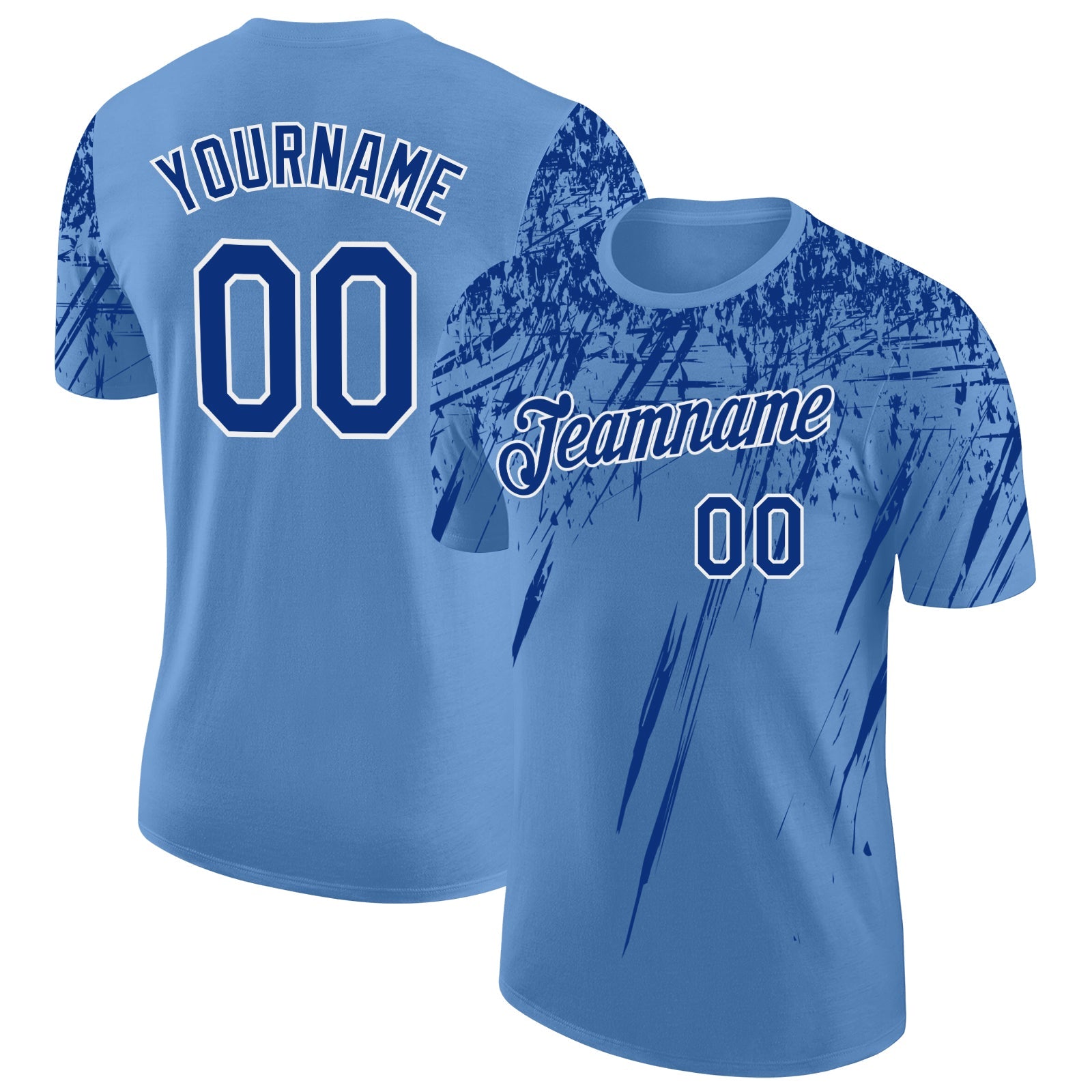 Custom Light Blue Royal-White Distressed Scratch Brush Stroke Performance T-Shirt - Main View
