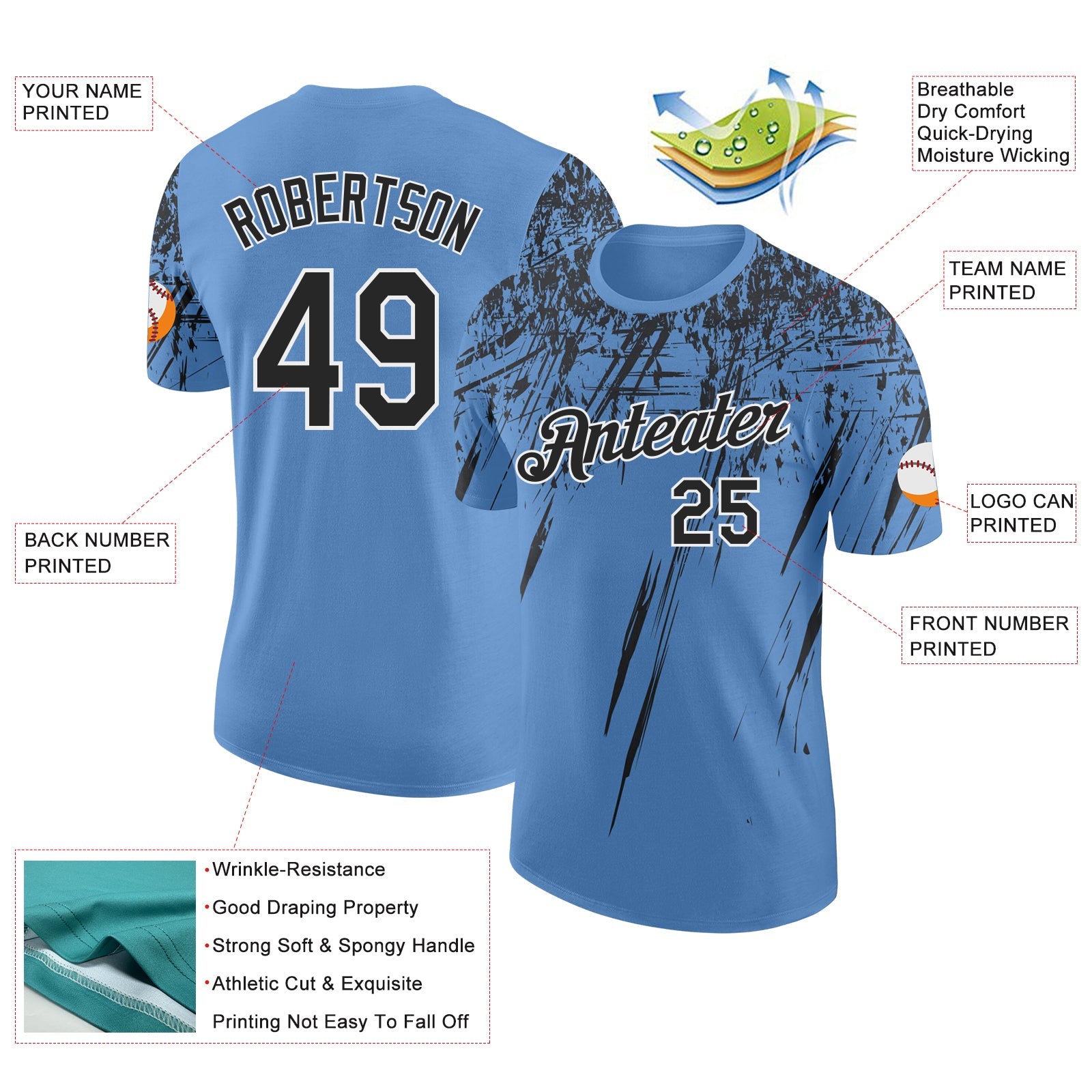 Custom Light Blue Black-White Distressed Scratch Brush Stroke Performance T-Shirt view 2