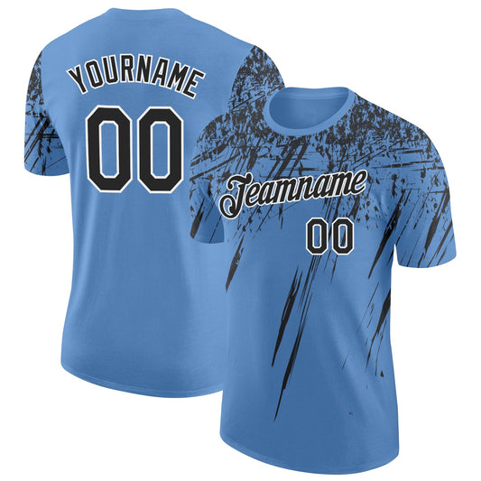 Custom Light Blue Black-White Distressed Scratch Brush Stroke Performance T-Shirt - Main View