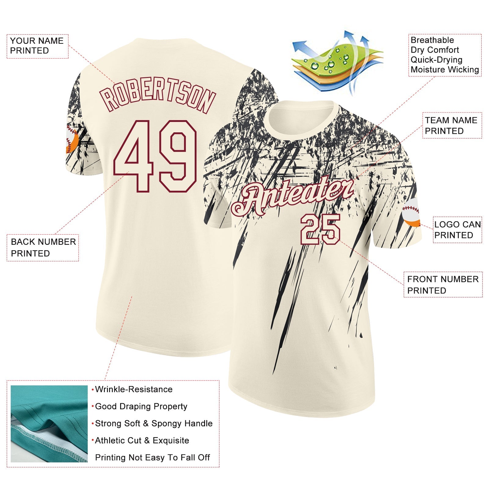 Custom Cream Black-Crimson Distressed Scratch Brush Stroke Performance T-Shirt view 2