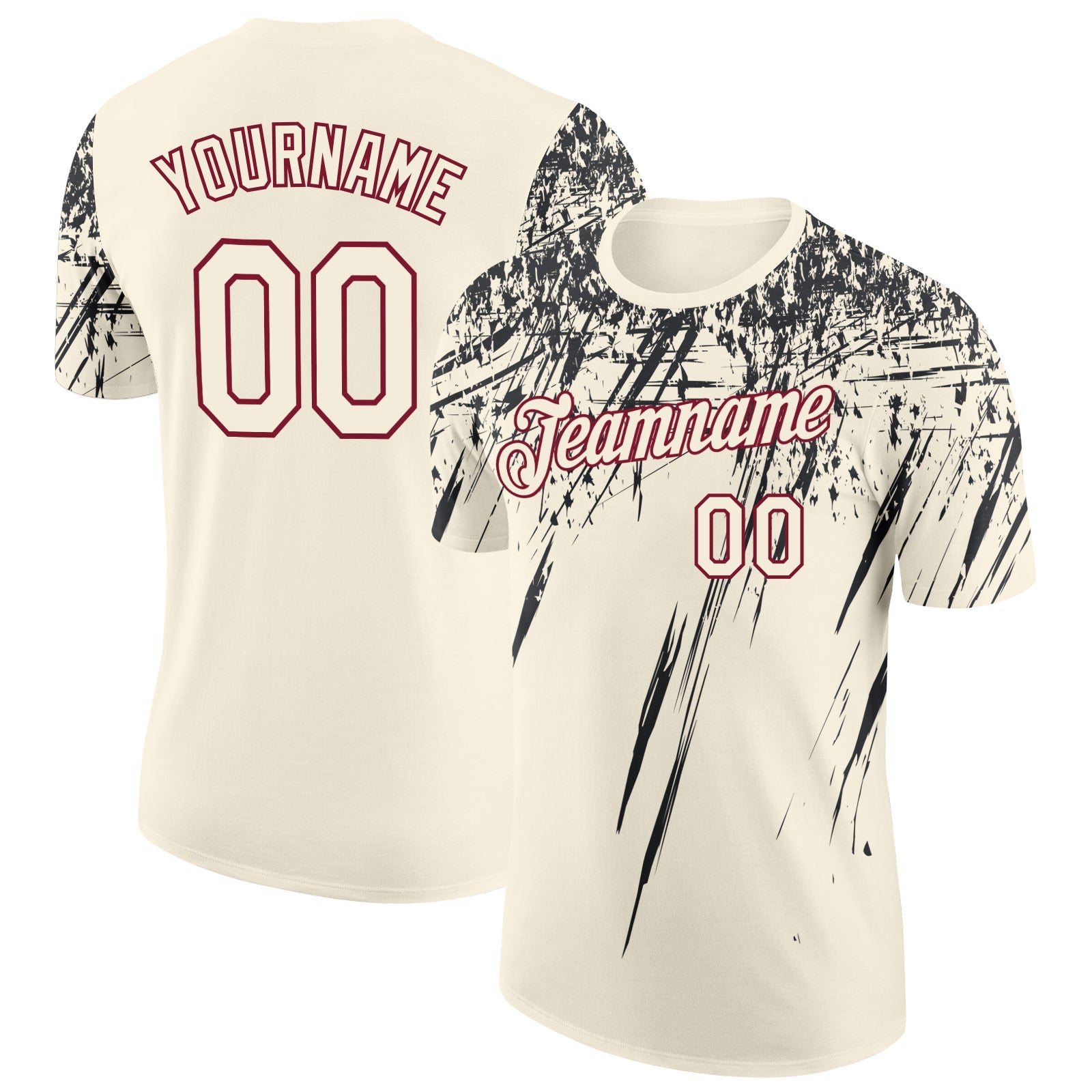 Custom Cream Black-Crimson Distressed Scratch Brush Stroke Performance T-Shirt - Main View