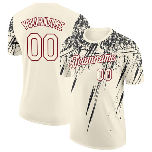 Custom Cream Black-Crimson Distressed Scratch Brush Stroke Performance T-Shirt - Main View