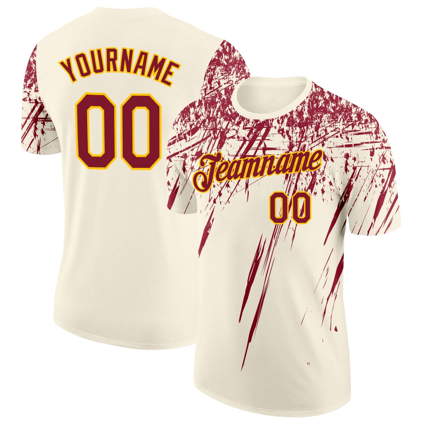 Custom Cream Crimson-Yellow Distressed Scratch Brush Stroke Performance T-Shirt - Main View