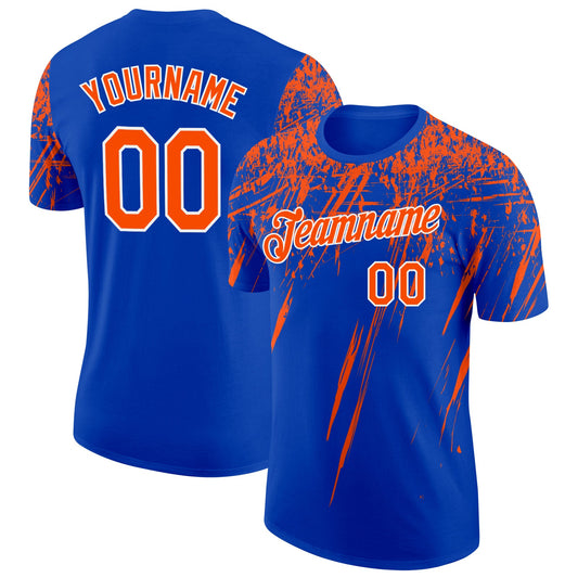 Custom Thunder Blue Orange-White Distressed Scratch Brush Stroke Performance T-Shirt - Main View