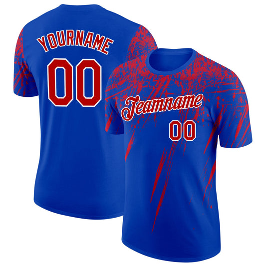 Custom Thunder Blue Red-White Distressed Scratch Brush Stroke Performance T-Shirt - Main View