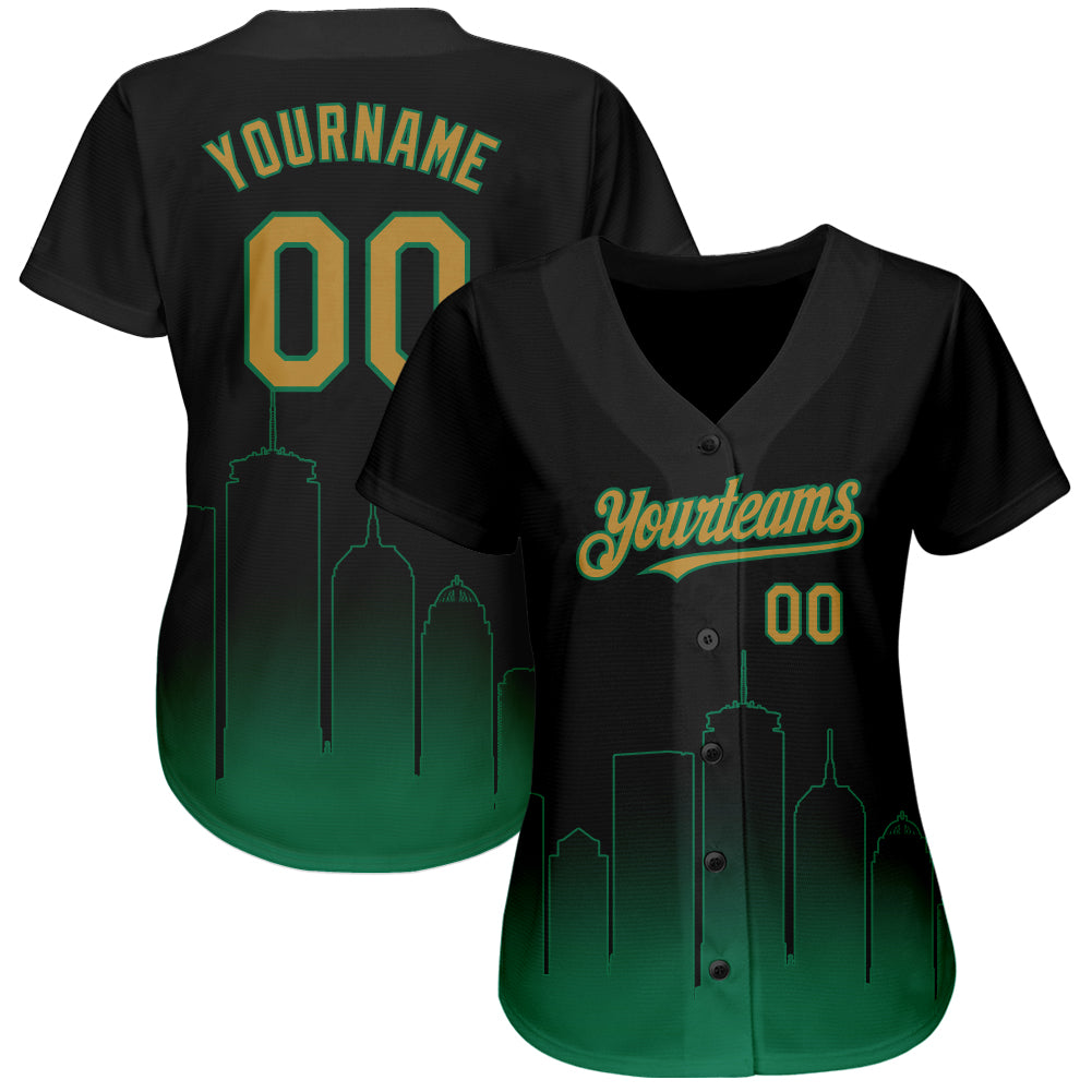 Custom Black Old Gold-Kelly Green 3D Boston City Edition Fade Fashion Authentic Baseball Jersey view 3