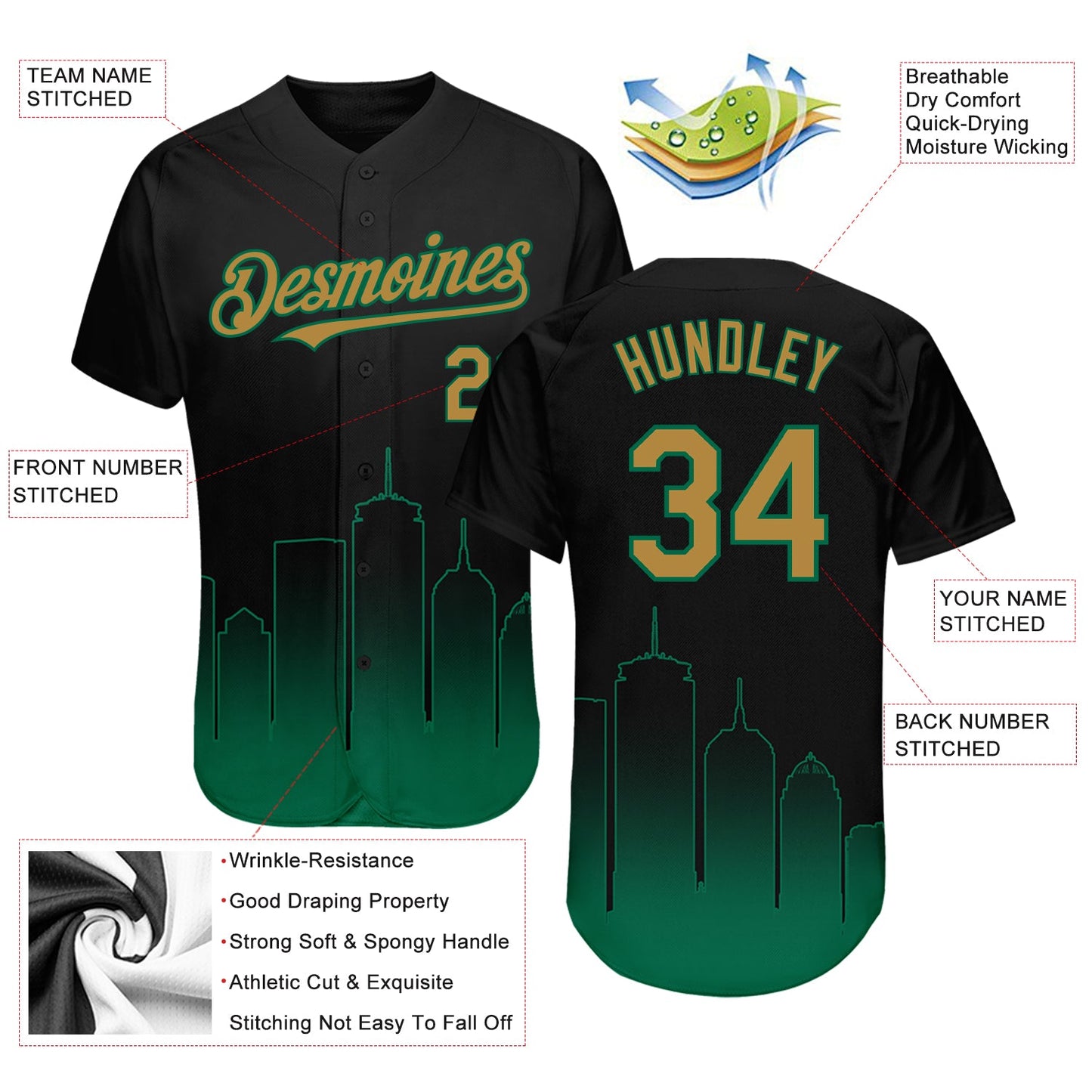 Custom Black Old Gold-Kelly Green 3D Boston City Edition Fade Fashion Authentic Baseball Jersey view 4