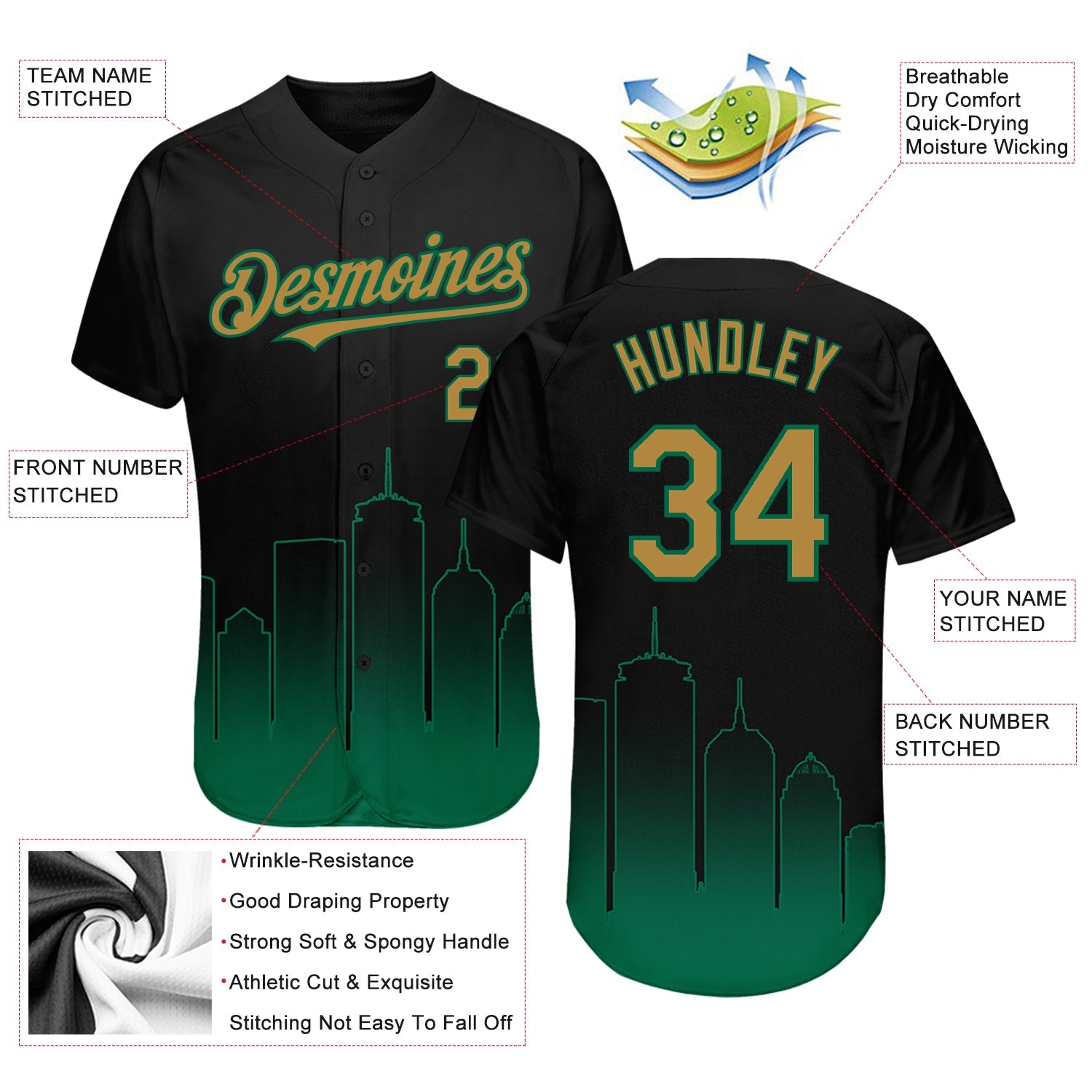 Custom Black Old Gold-Kelly Green 3D Boston City Edition Fade Fashion Authentic Baseball Jersey view 4