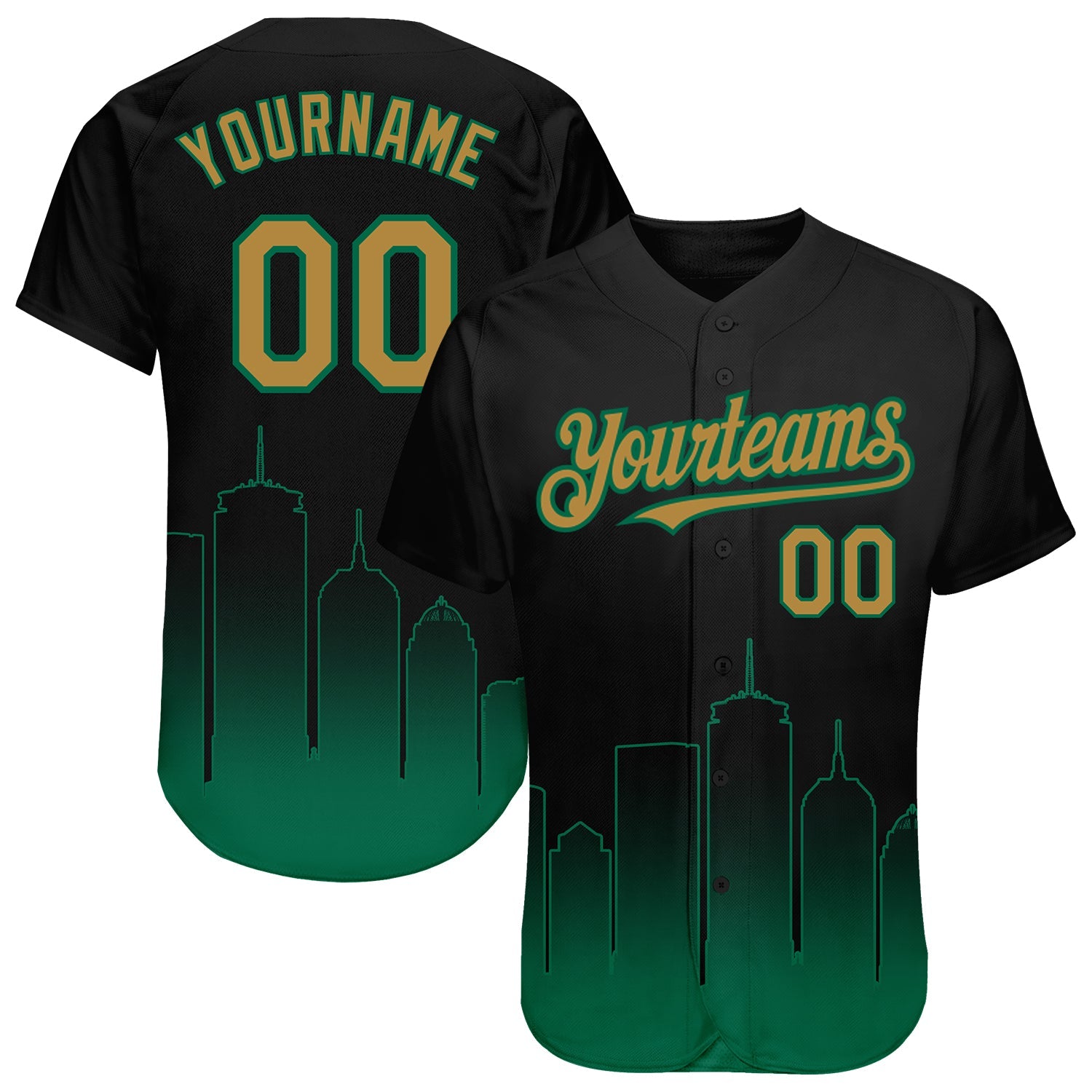 Custom Black Old Gold-Kelly Green 3D Boston City Edition Fade Fashion Authentic Baseball Jersey - Main View