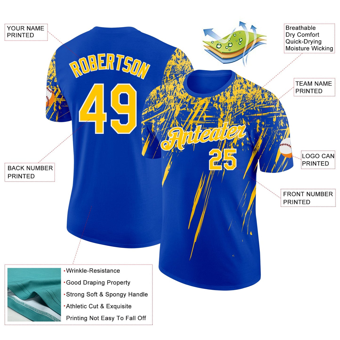 Custom Thunder Blue Yellow-White Distressed Scratch Brush Stroke Performance T-Shirt view 2