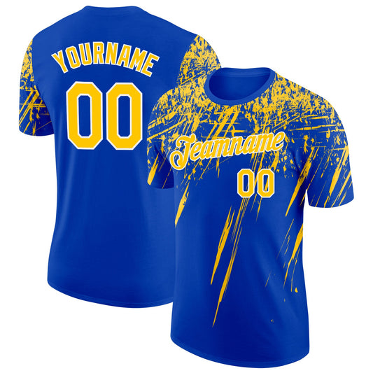 Custom Thunder Blue Yellow-White Distressed Scratch Brush Stroke Performance T-Shirt - Main View