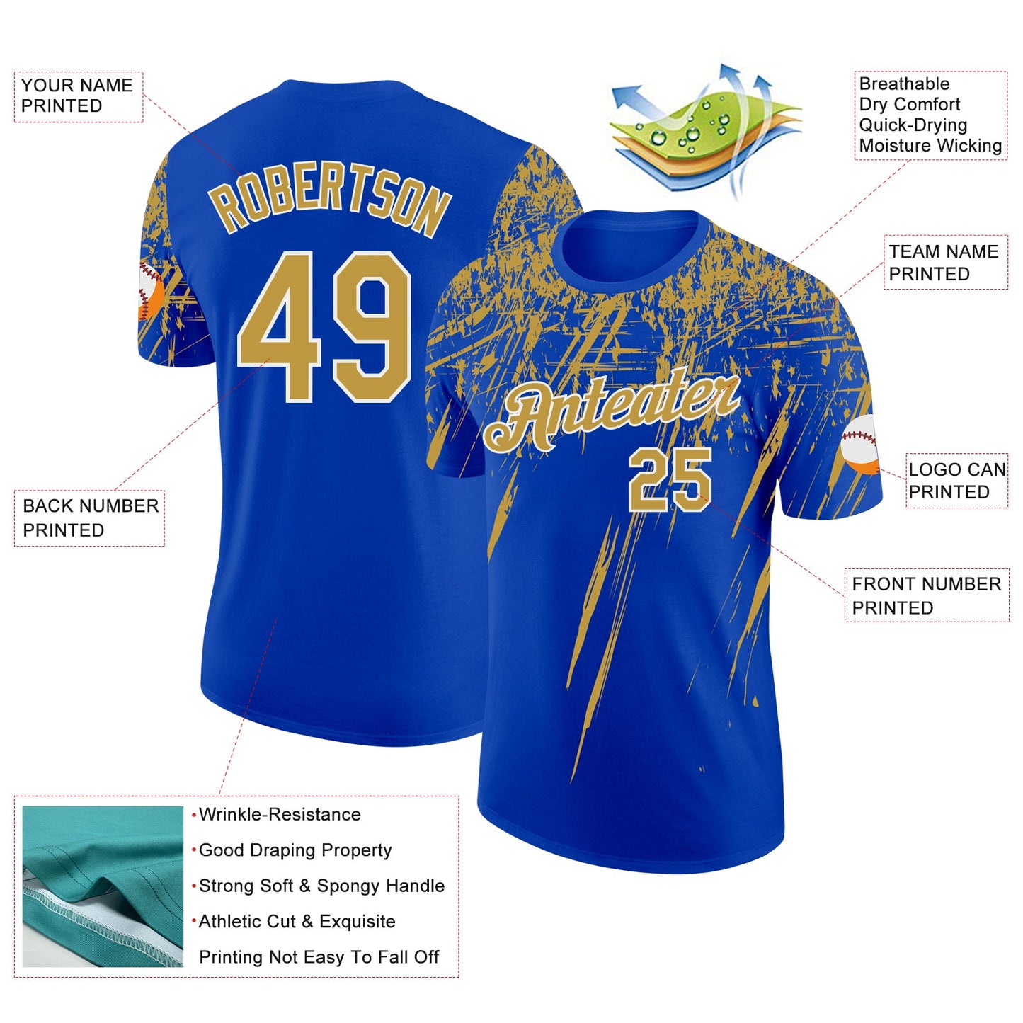 Custom Thunder Blue Old Gold-White Distressed Scratch Brush Stroke Performance T-Shirt view 2