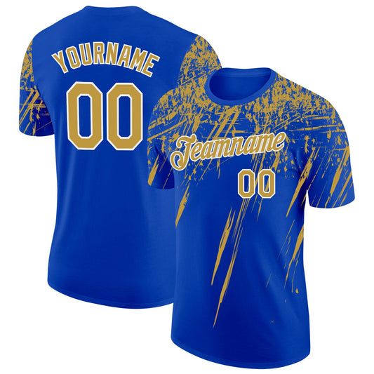 Custom Thunder Blue Old Gold-White Distressed Scratch Brush Stroke Performance T-Shirt - Main View