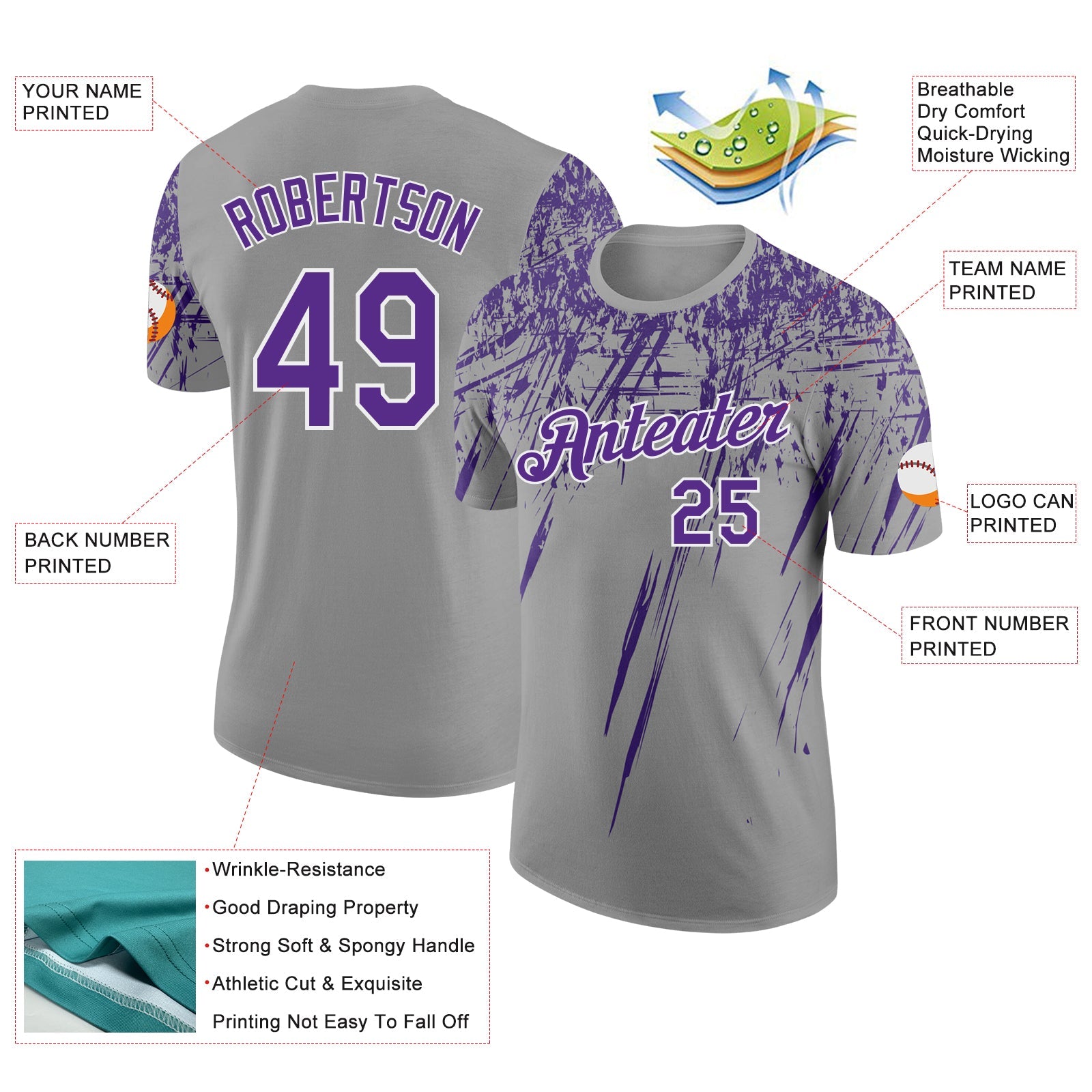Custom Gray Purple-White Distressed Scratch Brush Stroke Performance T-Shirt view 2