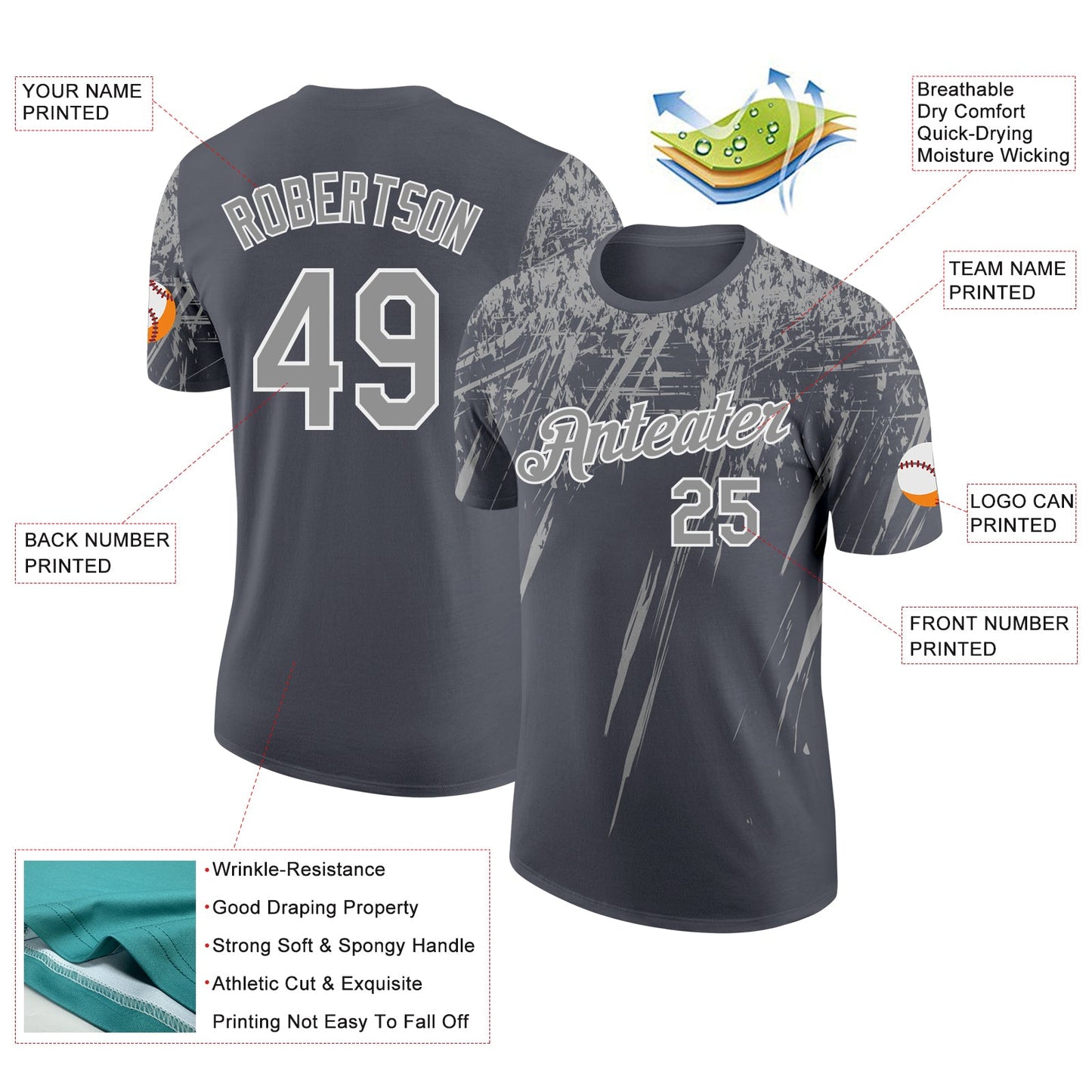 Custom Steel Gray Gray-White Distressed Scratch Brush Stroke Performance T-Shirt view 2