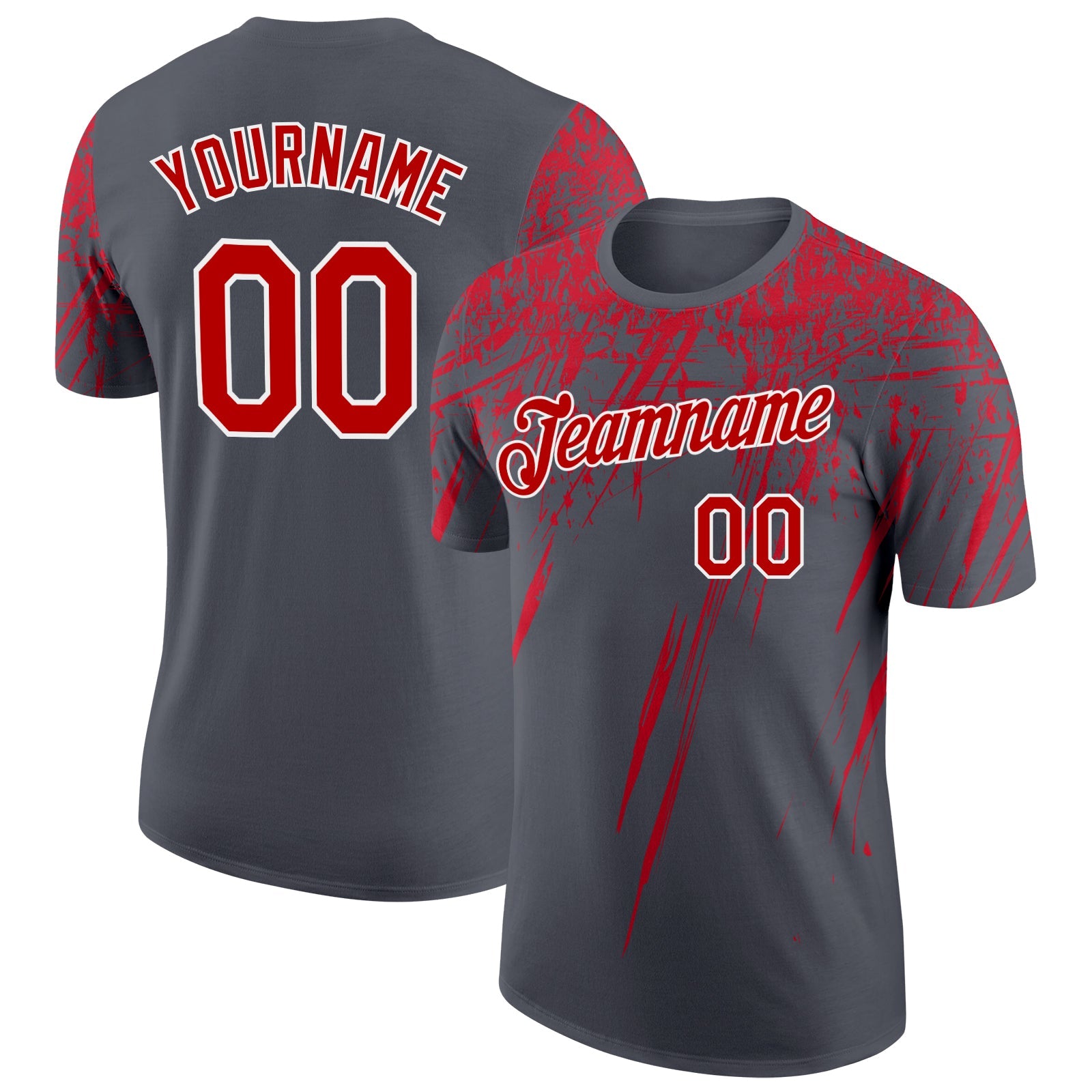 Custom Steel Gray Red-White Distressed Scratch Brush Stroke Performance T-Shirt - Main View