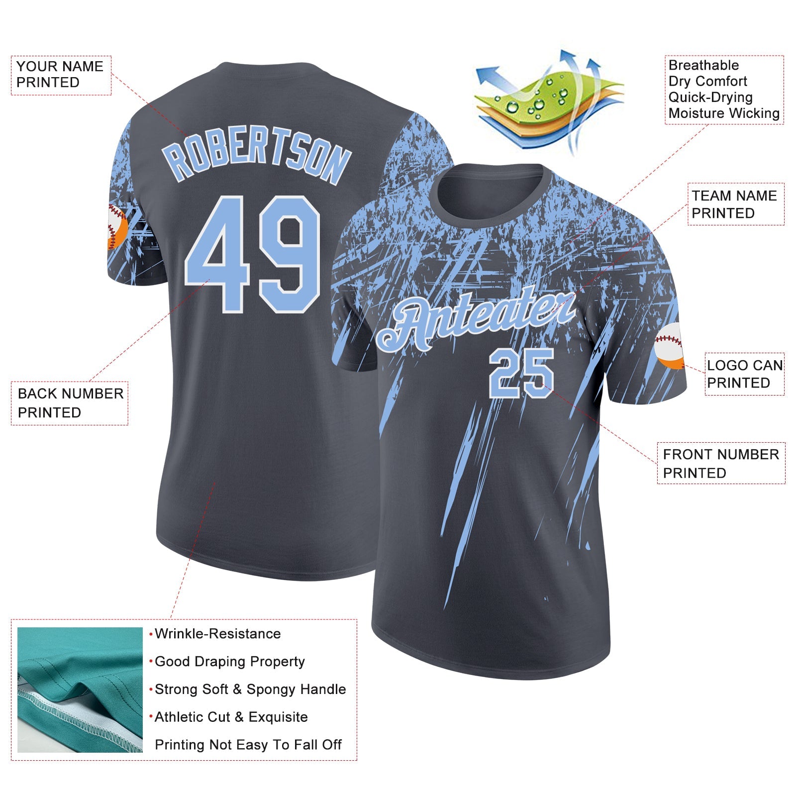 Custom Steel Gray Light Blue-White Distressed Scratch Brush Stroke Performance T-Shirt view 2