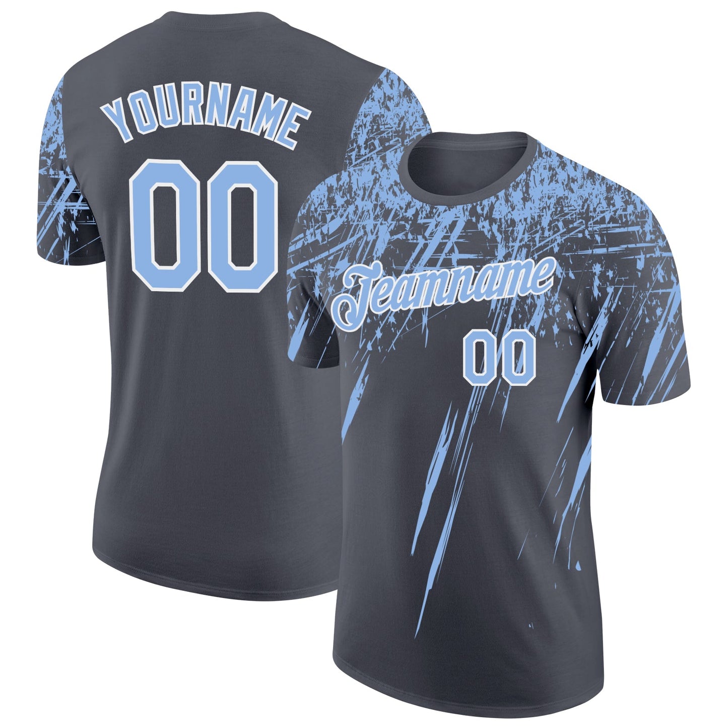 Custom Steel Gray Light Blue-White Distressed Scratch Brush Stroke Performance T-Shirt - Main View