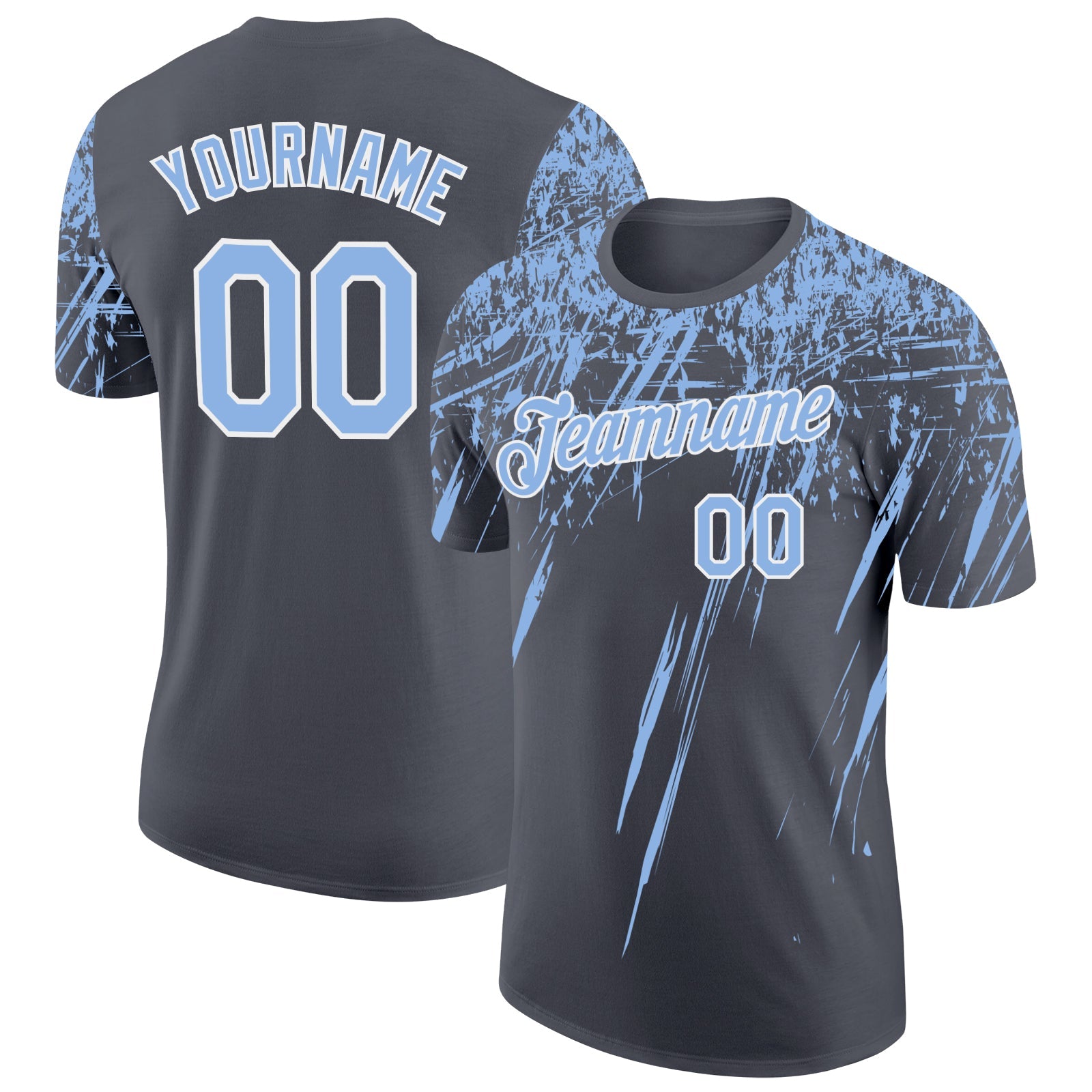 Custom Steel Gray Light Blue-White Distressed Scratch Brush Stroke Performance T-Shirt - Main View