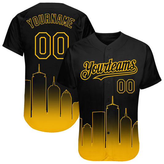 Custom Black Gold 3D Boston City Edition Fade Fashion Authentic Baseball Jersey - Main View