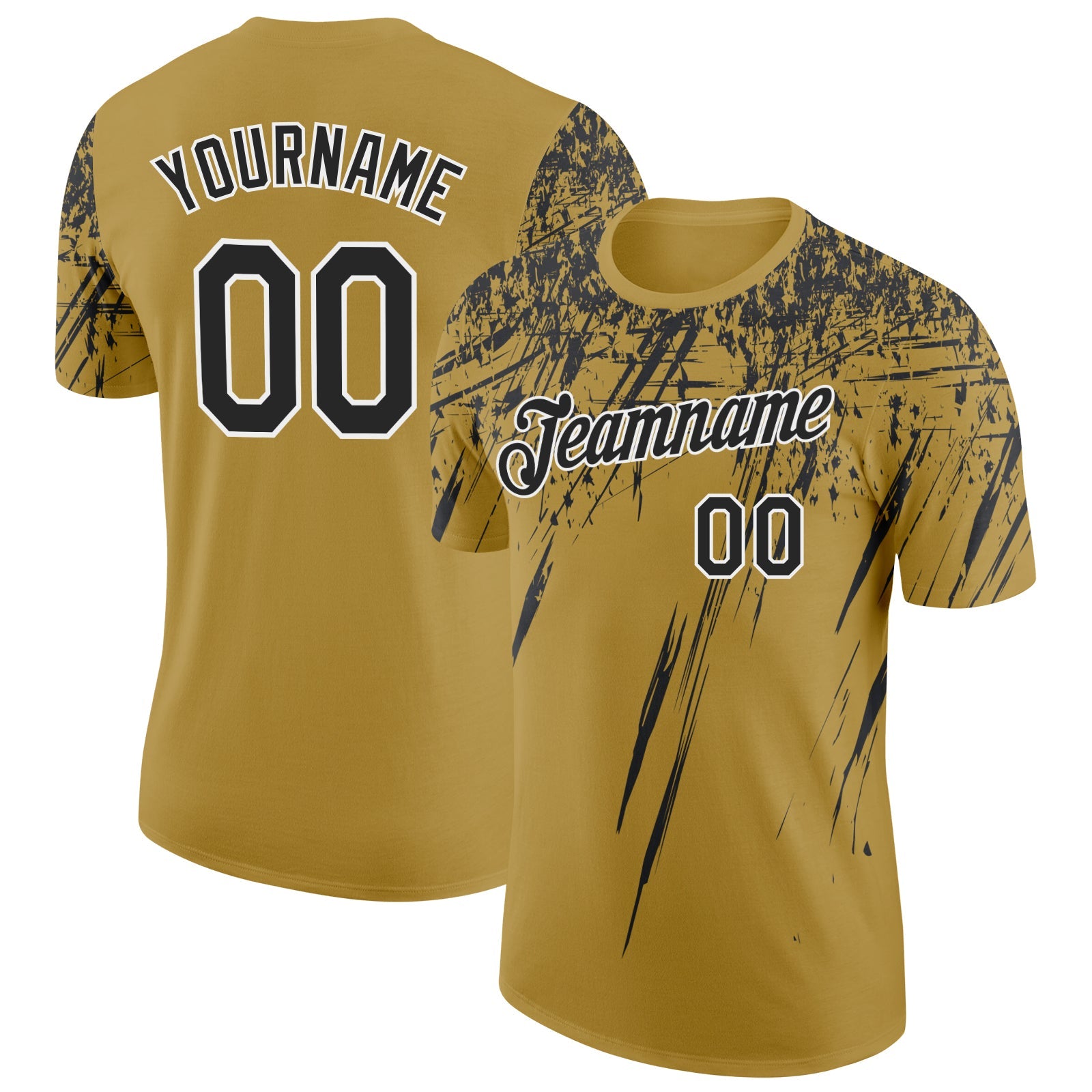 Custom Old Gold Black-White Distressed Scratch Brush Stroke Performance T-Shirt - Main View