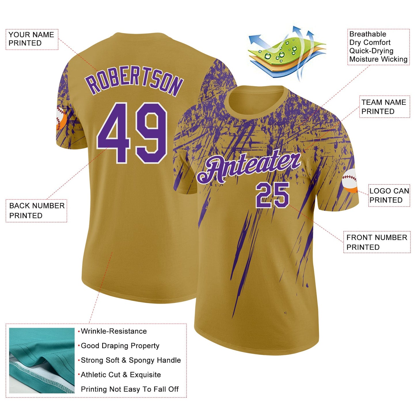 Custom Old Gold Purple-White Distressed Scratch Brush Stroke Performance T-Shirt view 2