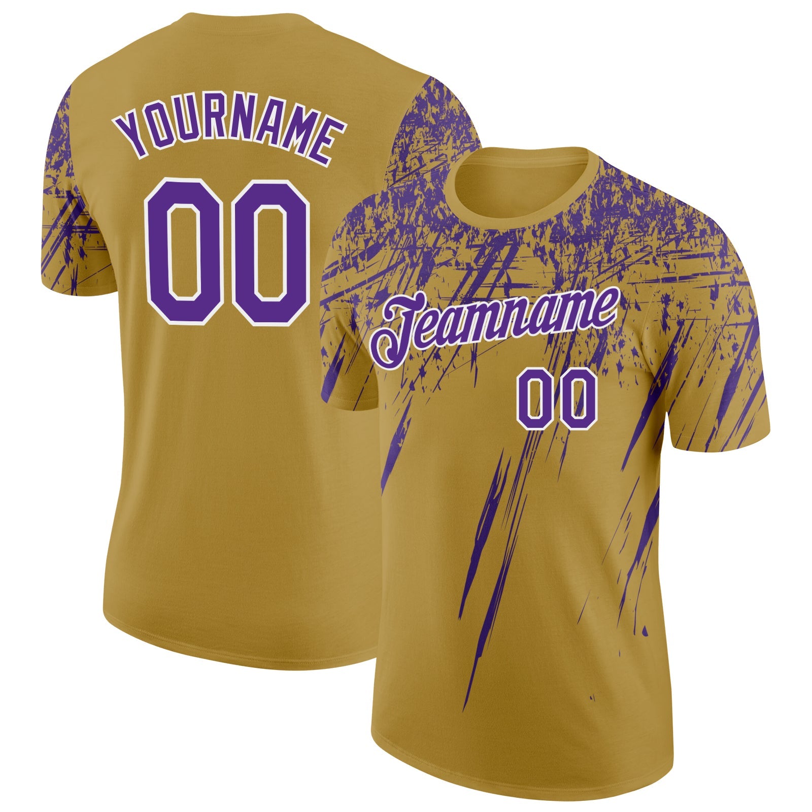 Custom Old Gold Purple-White Distressed Scratch Brush Stroke Performance T-Shirt - Main View