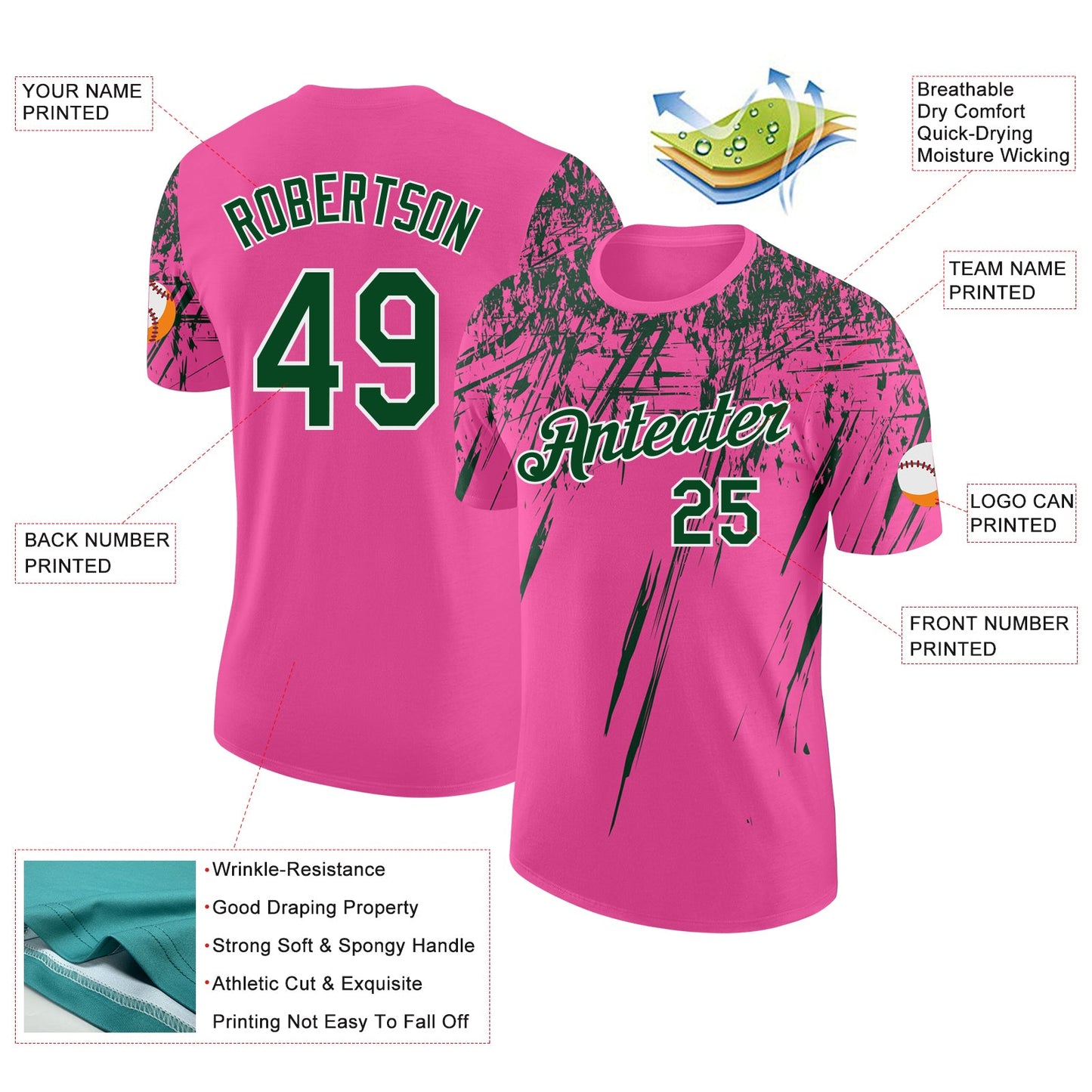 Custom Pink Green-White Distressed Scratch Brush Stroke Performance T-Shirt view 2