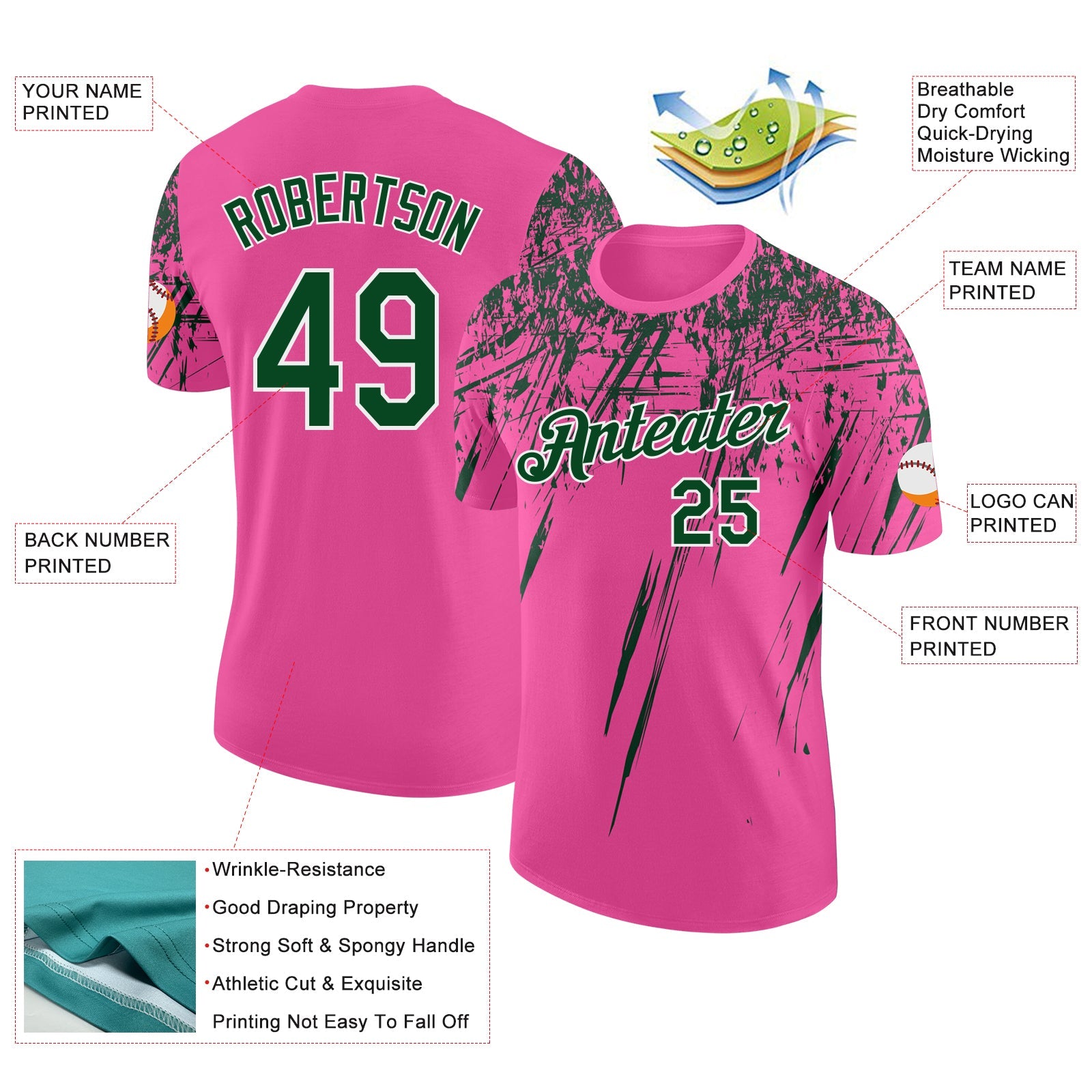 Custom Pink Green-White Distressed Scratch Brush Stroke Performance T-Shirt view 2